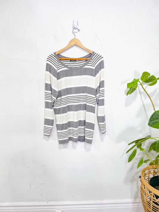 MiiK Slow Fashion Long Sleeve T-Shirt in Grey/White/Black Stripe (Size S/M)