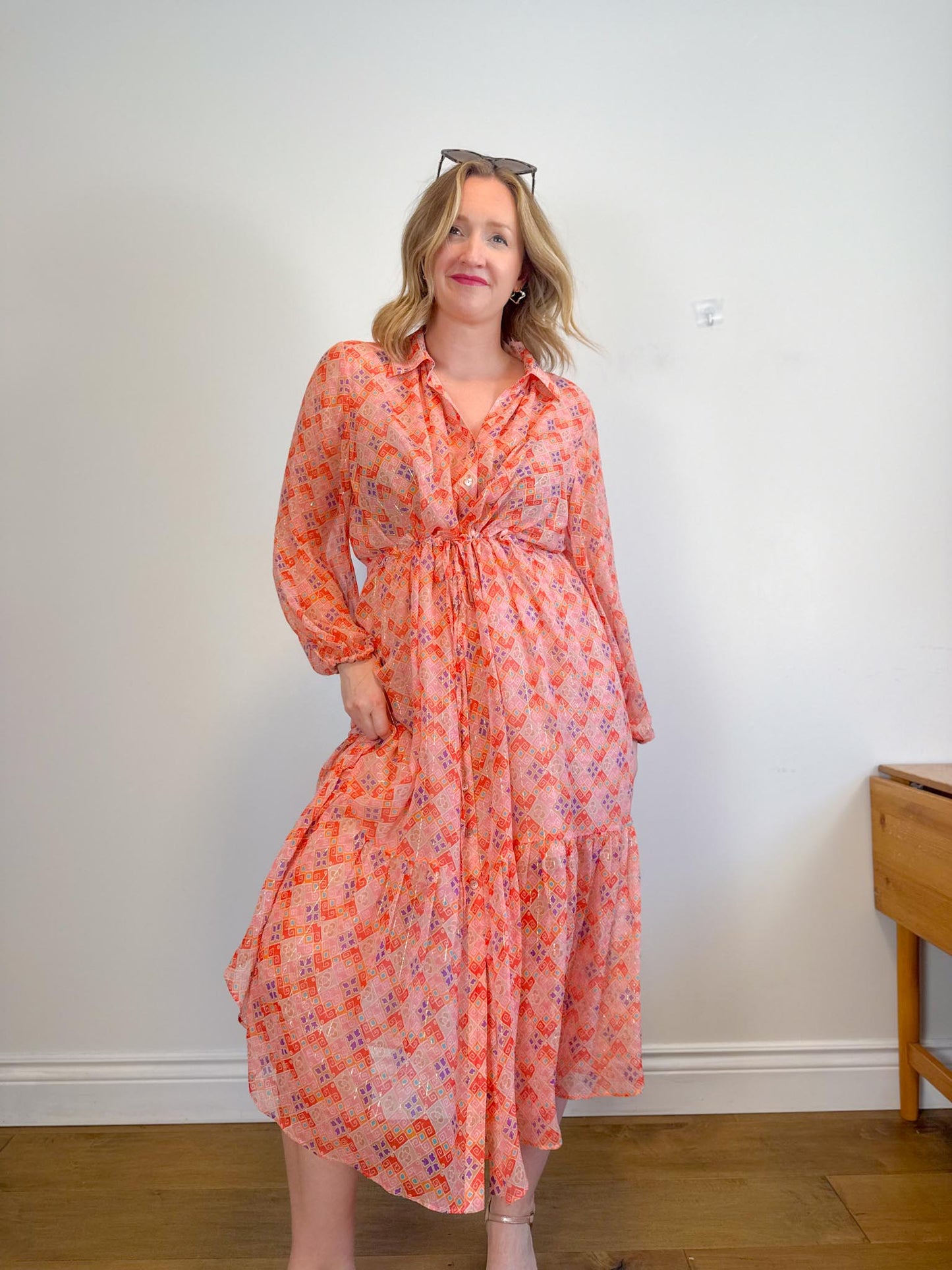 WEILL Silk Long Sleeve Maxi Dress in Pink/Gold (Size L-2XL)