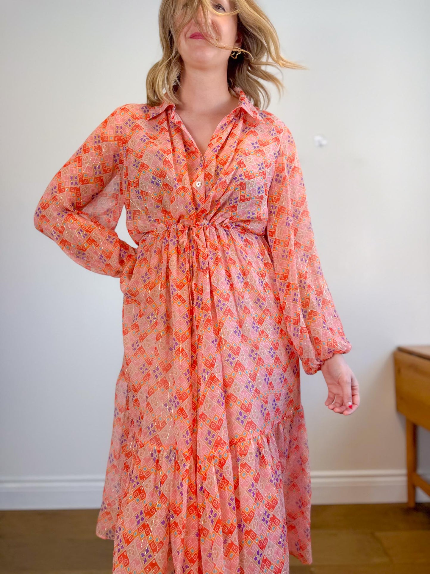 WEILL Silk Long Sleeve Maxi Dress in Pink/Gold (Size L-2XL)