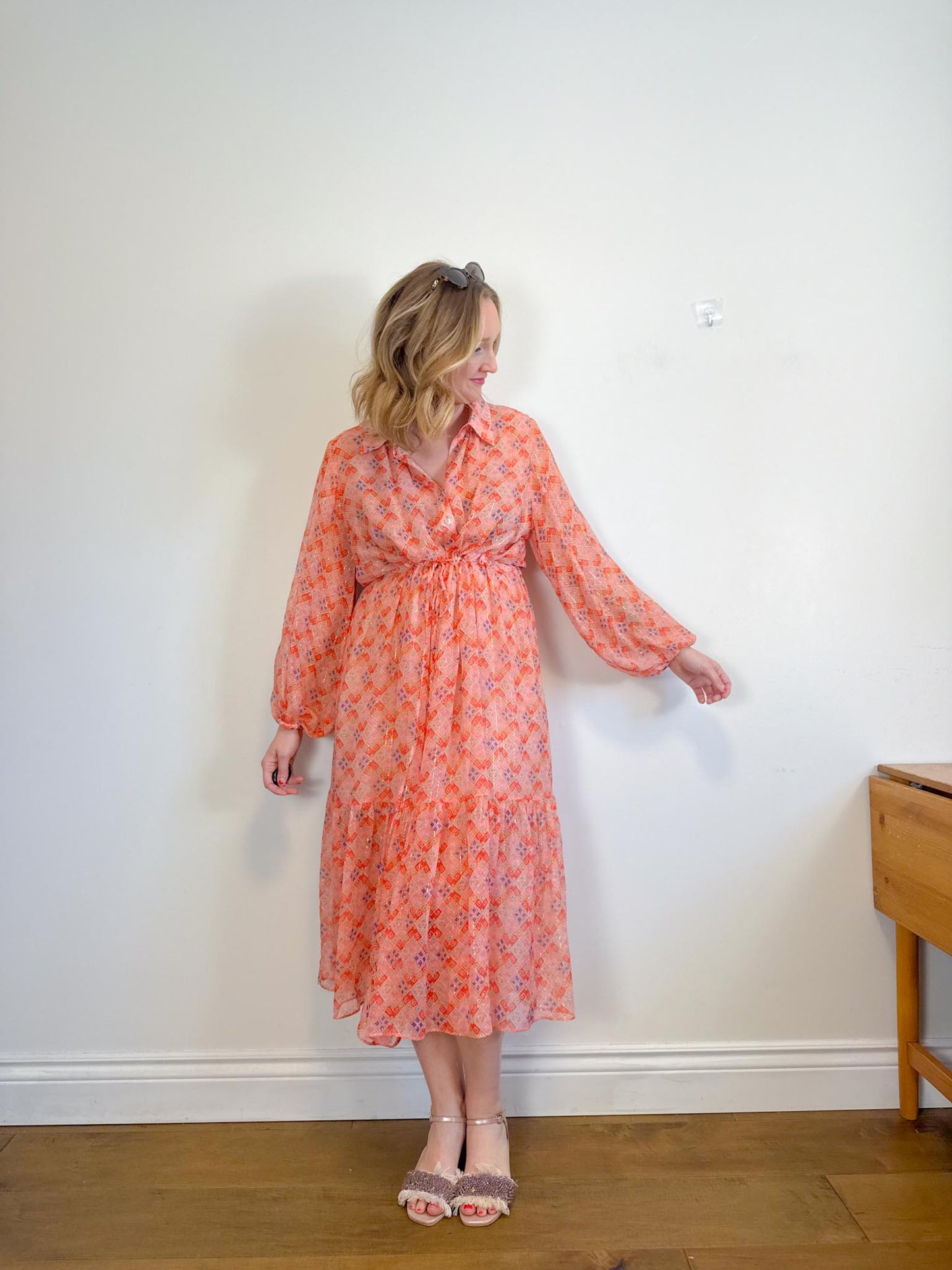 WEILL Silk Long Sleeve Maxi Dress in Pink/Gold (Size L-2XL)