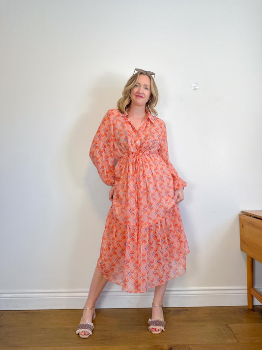 WEILL Silk Long Sleeve Maxi Dress in Pink/Gold (Size L-2XL)