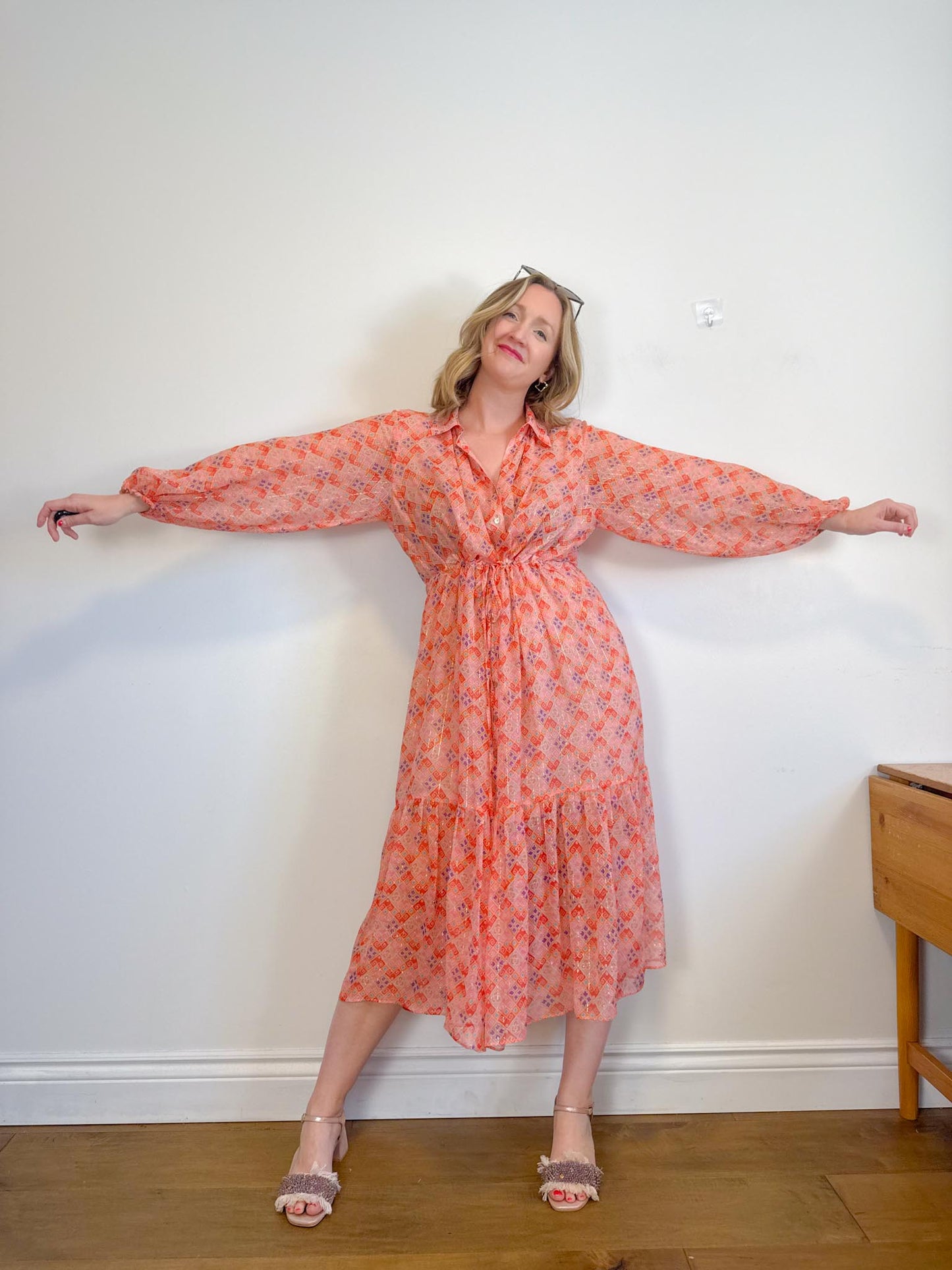 WEILL Silk Long Sleeve Maxi Dress in Pink/Gold (Size L-2XL)