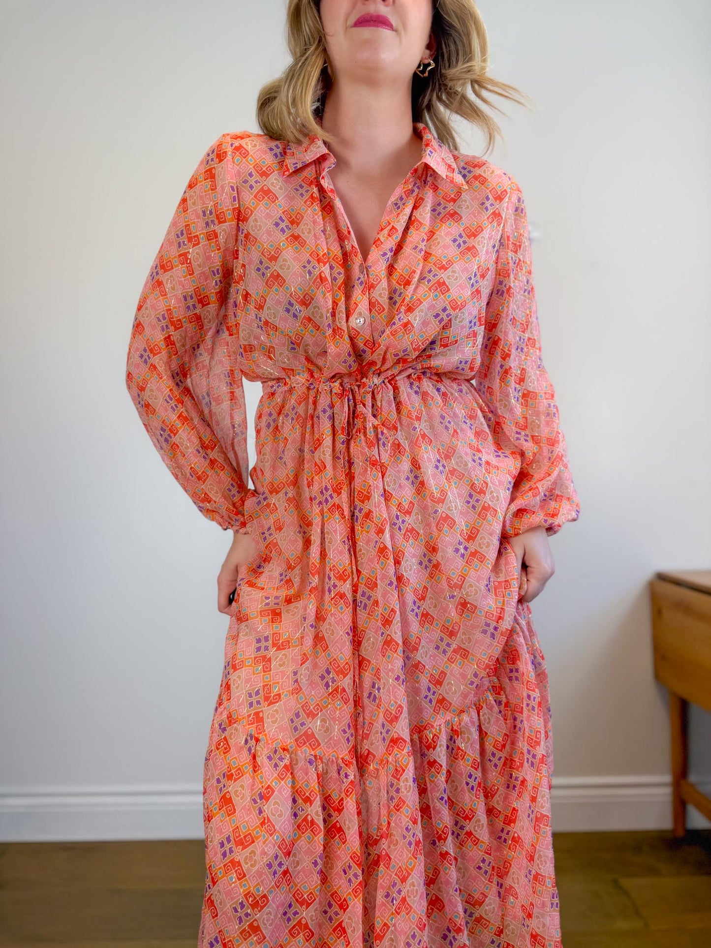 WEILL Silk Long Sleeve Maxi Dress in Pink/Gold (Size L-2XL)