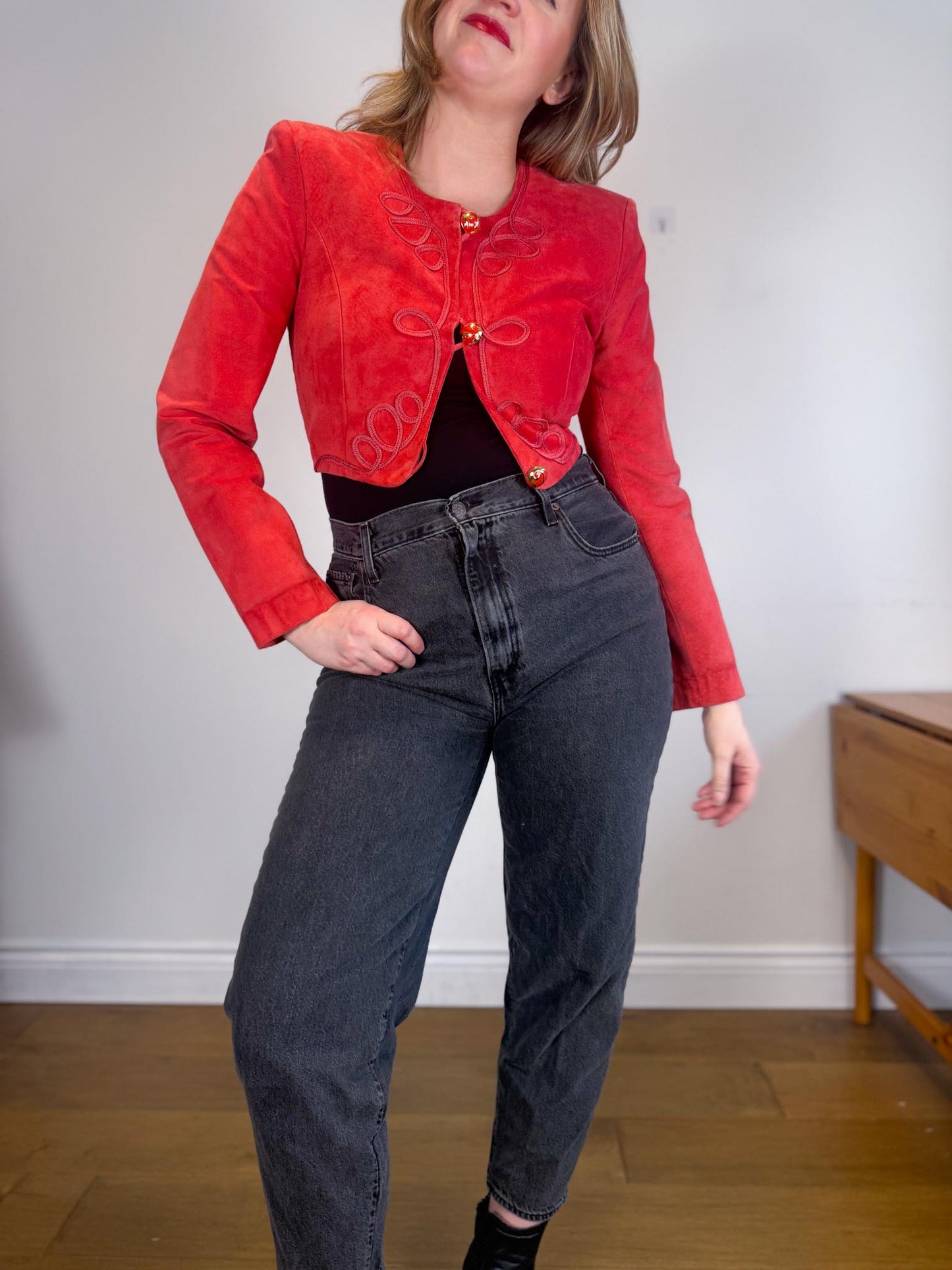 Vintage Daniel Cropped Leather Jacket in Red (Size S)