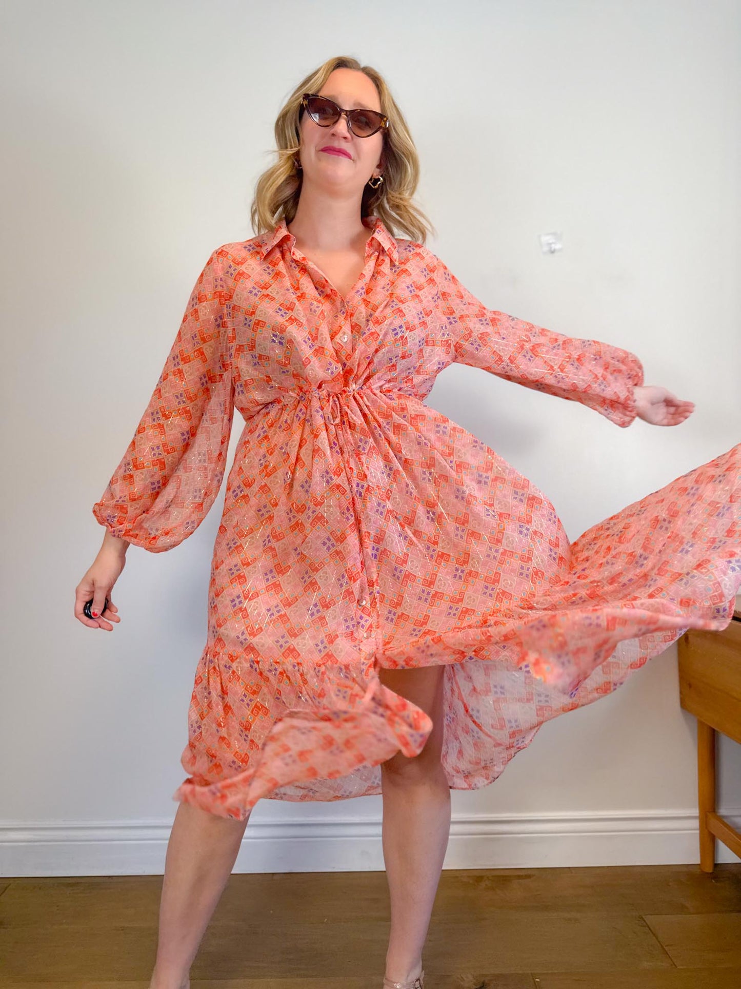 WEILL Silk Long Sleeve Maxi Dress in Pink/Gold (Size L-2XL)