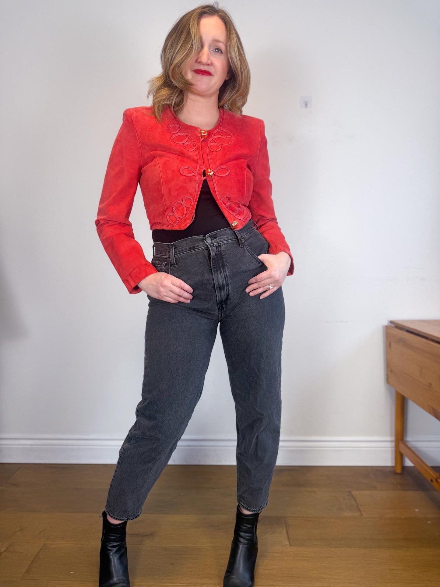 Vintage Daniel Cropped Leather Jacket in Red (Size S)