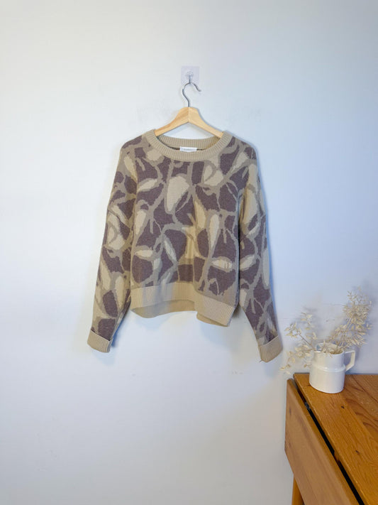 ba&sh Designer Cashmere & Wool Crewneck Sweater in Brown Print (Size M)