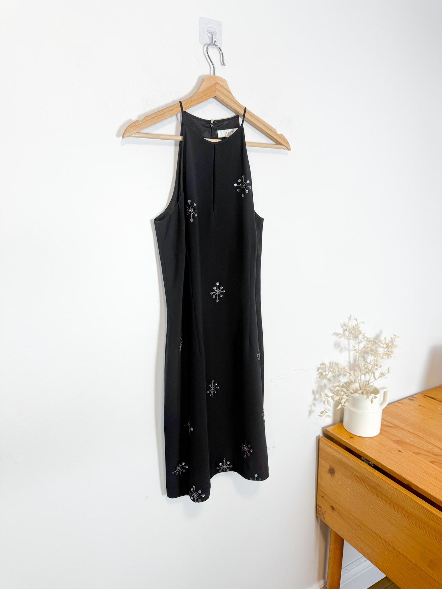 Vintage Black Mini Dress with Sequin Starbursts (Size M)