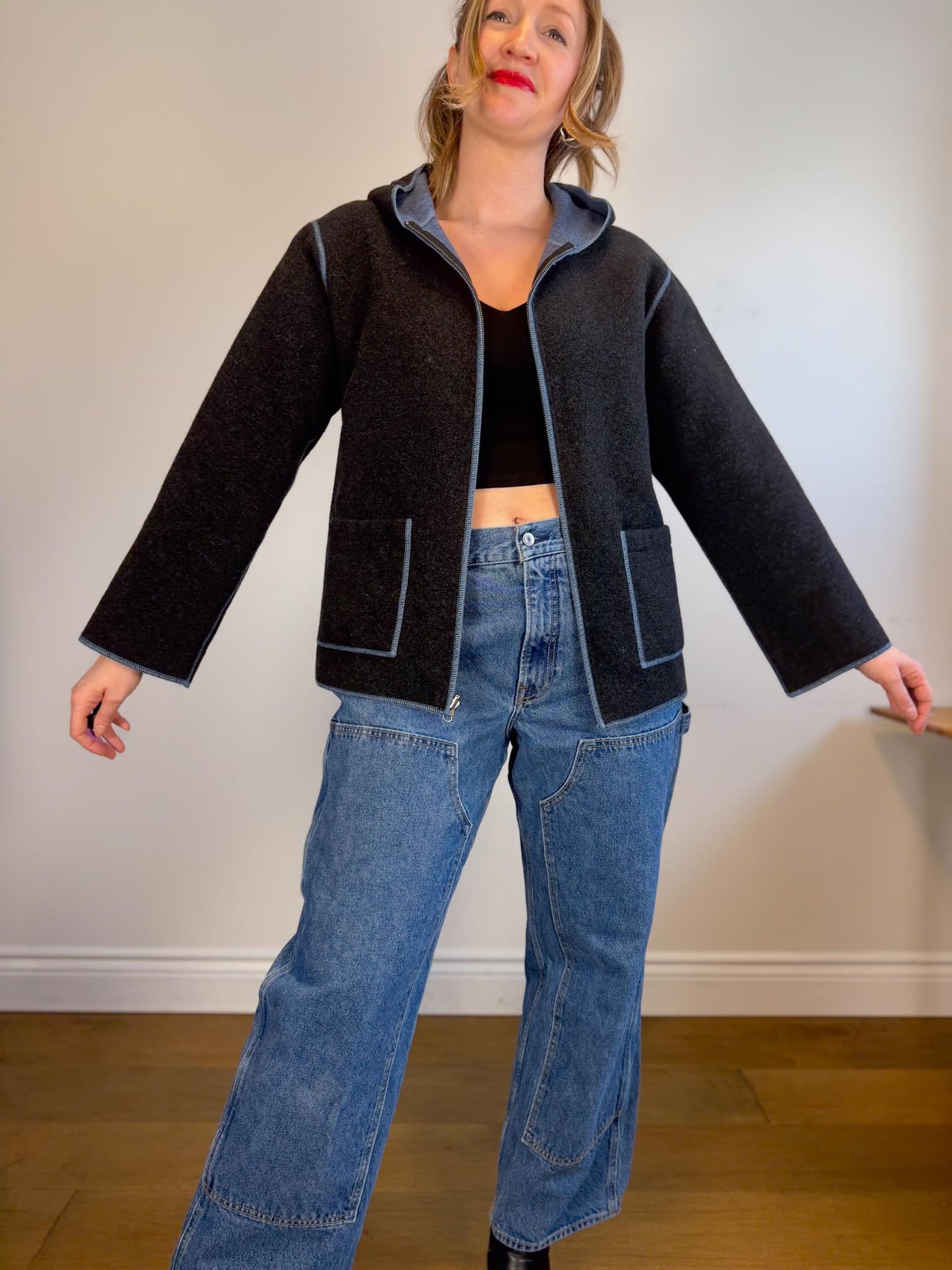 Vintage Cabi Wool Grey Shacket with Blue Trim (Size L)