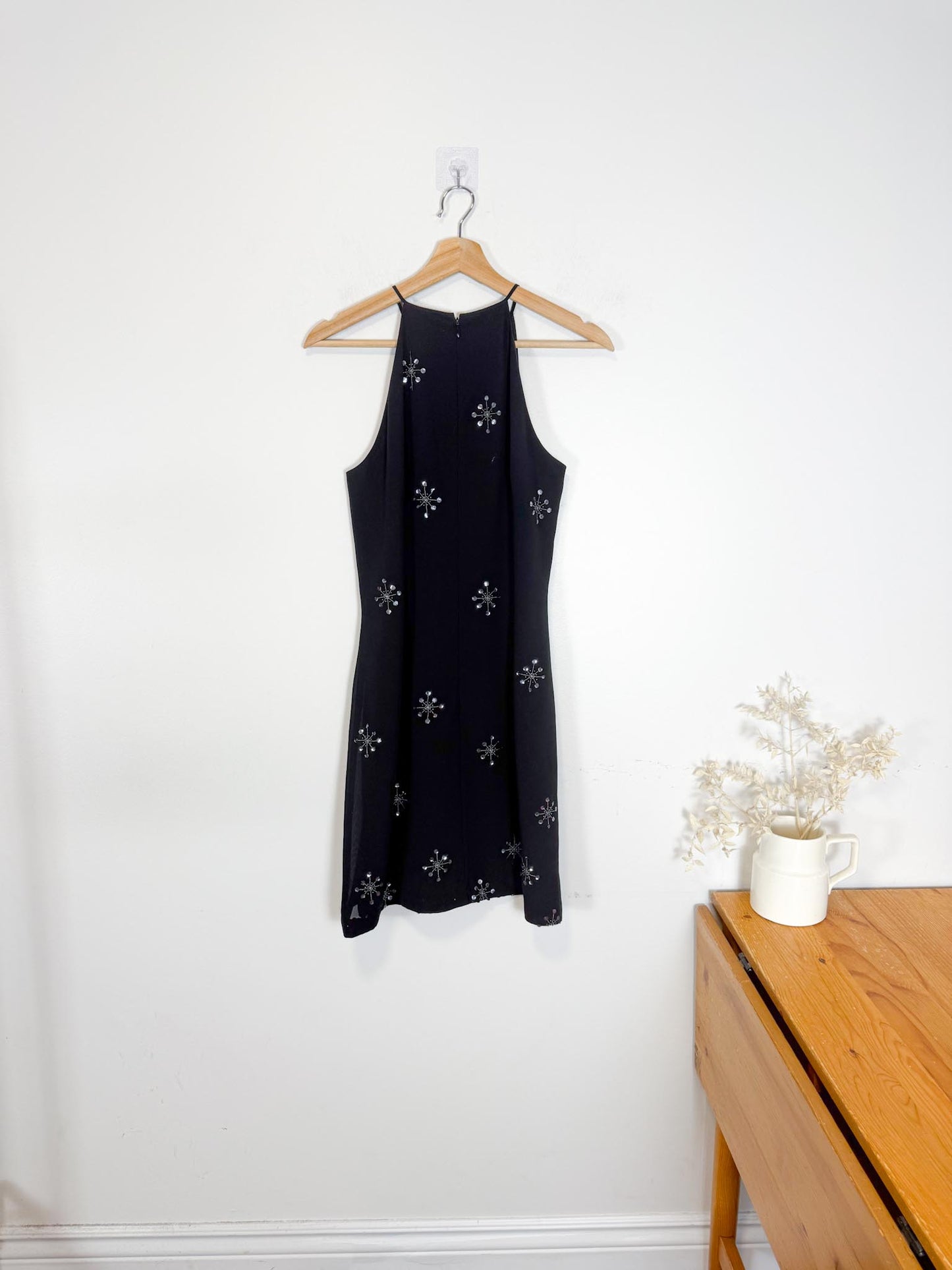 Vintage Black Mini Dress with Sequin Starbursts (Size M)