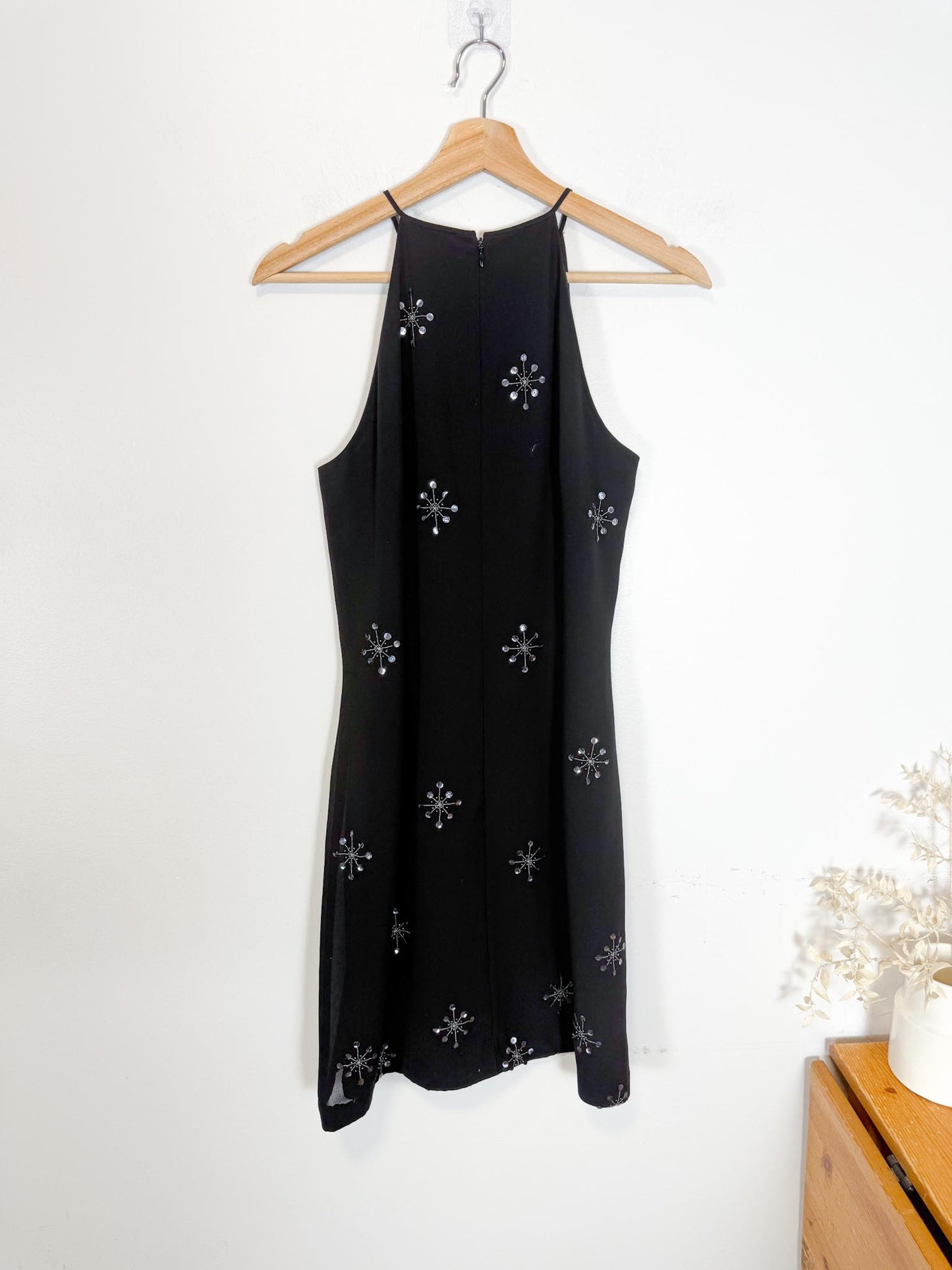 Vintage Black Mini Dress with Sequin Starbursts (Size M)