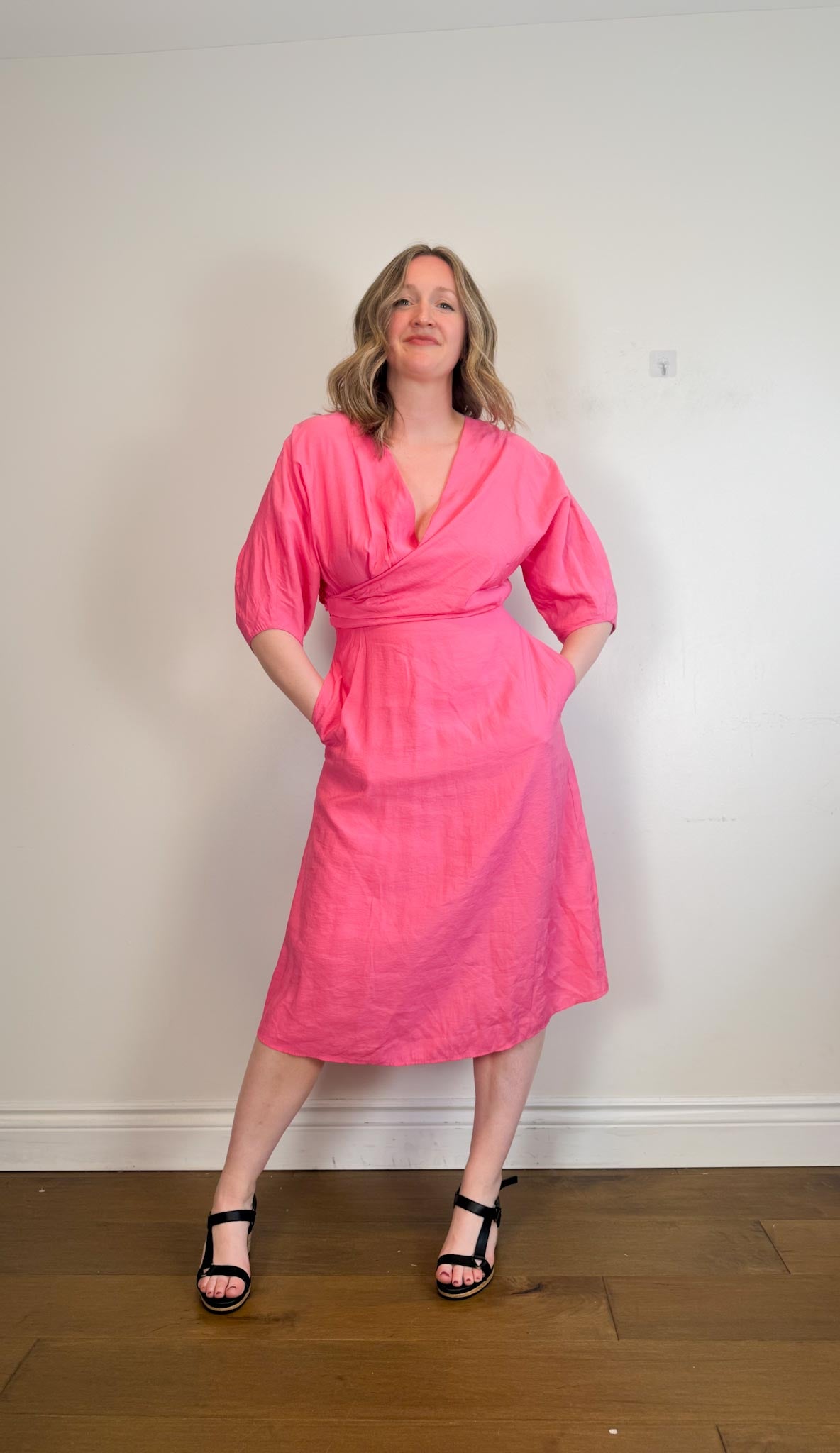 COS Puff Sleeve Midi Dress in Hot Pink (Size M/L)