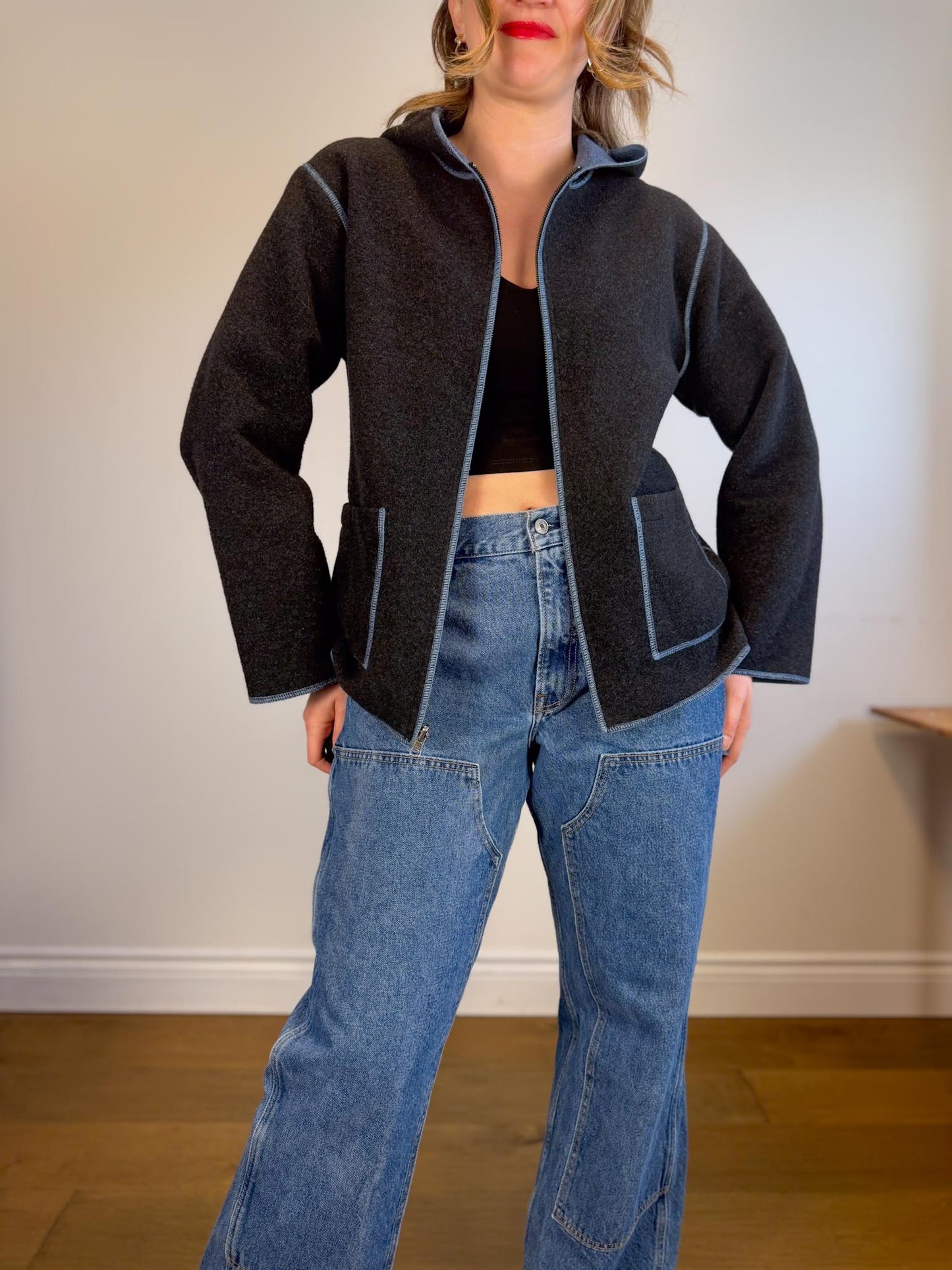 Vintage Cabi Wool Grey Shacket with Blue Trim (Size L)