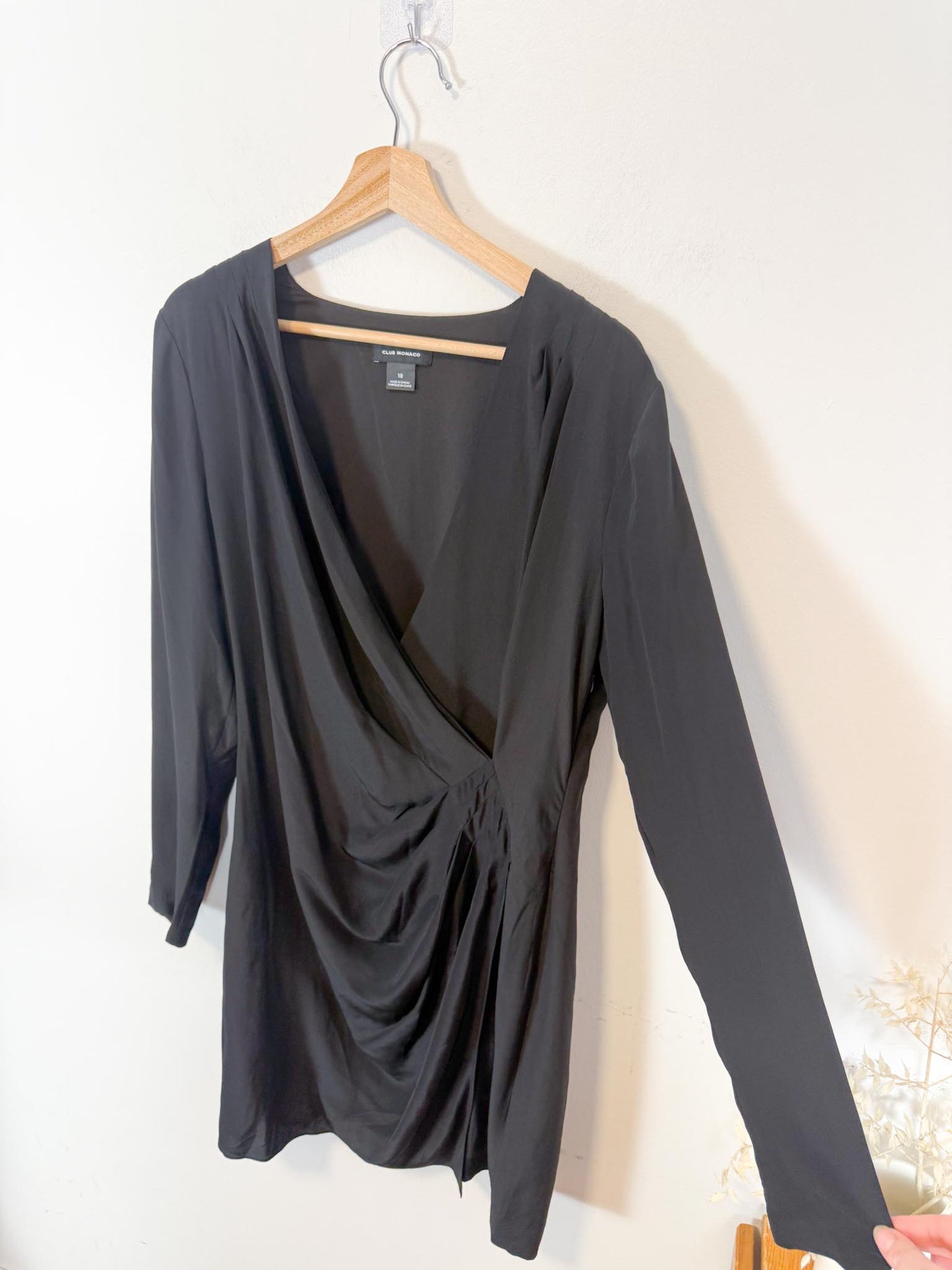 Club Monaco Silk Side Drape Mini Dress in Black (Size 10)
