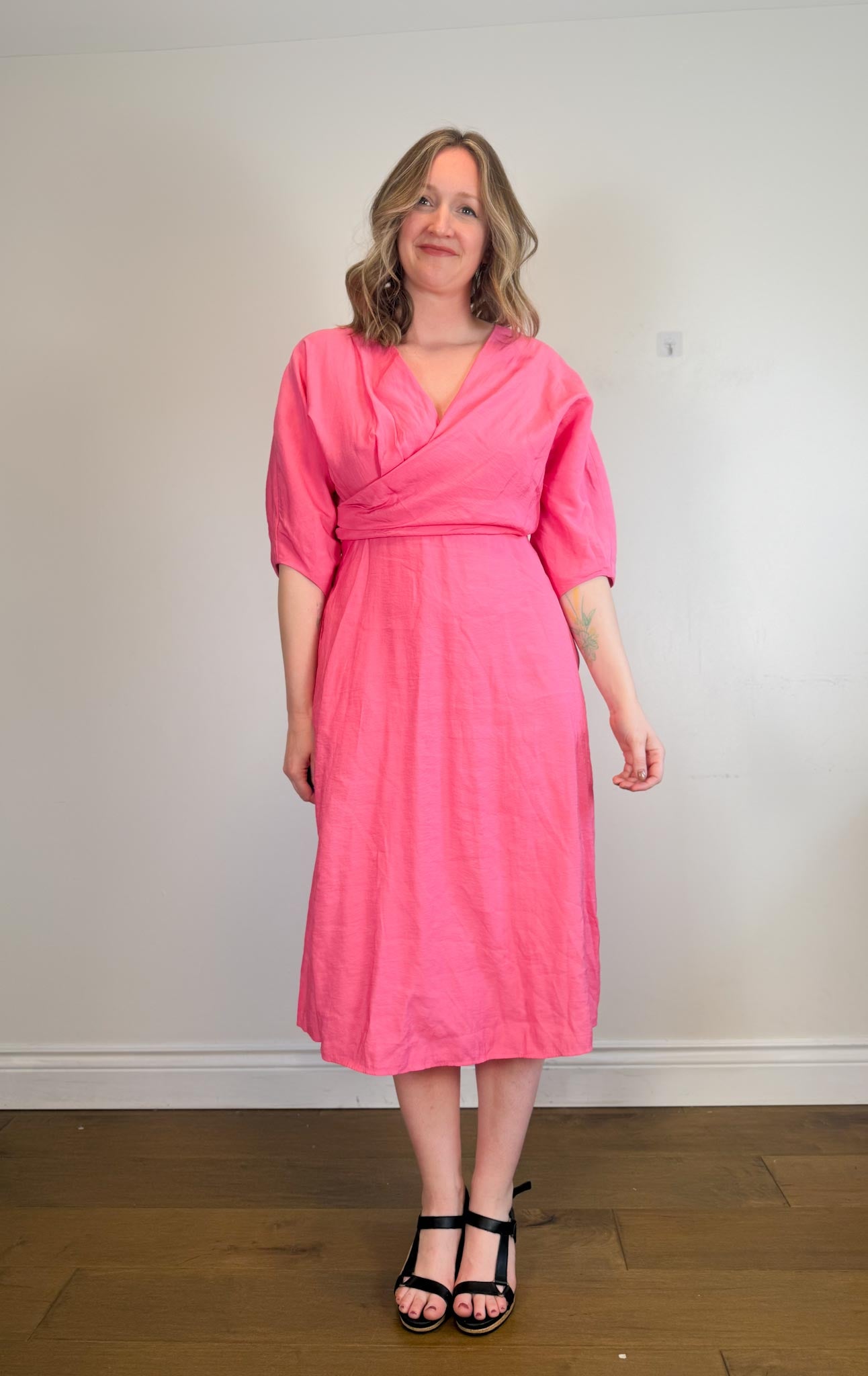 COS Puff Sleeve Midi Dress in Hot Pink (Size M/L)