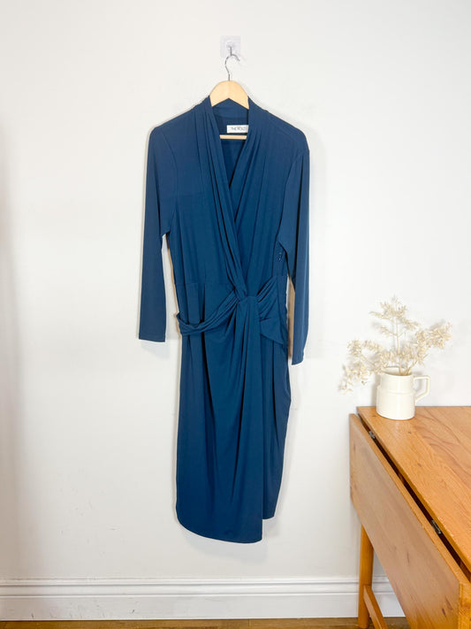 THE FOLD London Designer Long Sleeve Wrap Dress in Teal (Size XL)
