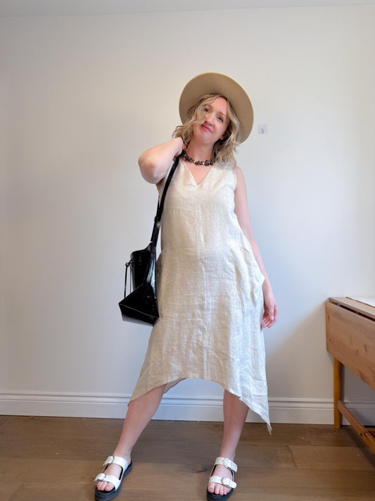 Periphery Canadian Linen Assymetrical Midi Dress in Oatmeal (Size S/M)