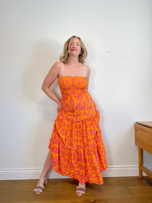 Anthropologie Abel the Label Strapless Smocked Maxi Dress in Pink/Orange Floral (Size M/L)