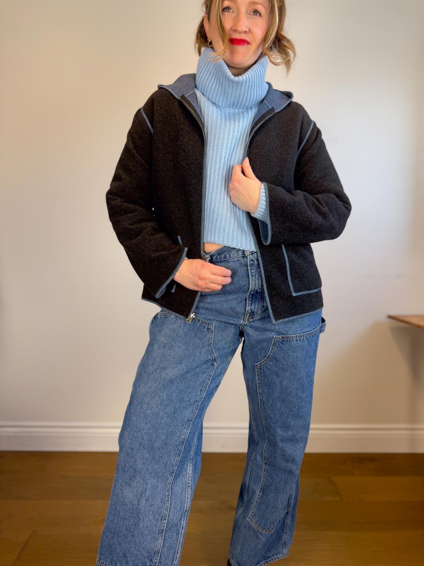 Vintage Cabi Wool Grey Shacket with Blue Trim (Size L)