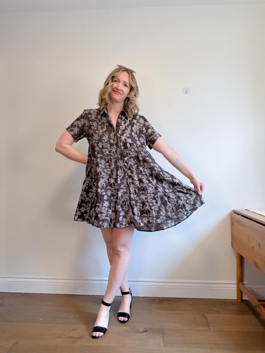 DECJUBA Babydoll Linen Mini Dress in Brown/White Print (Size S-L)