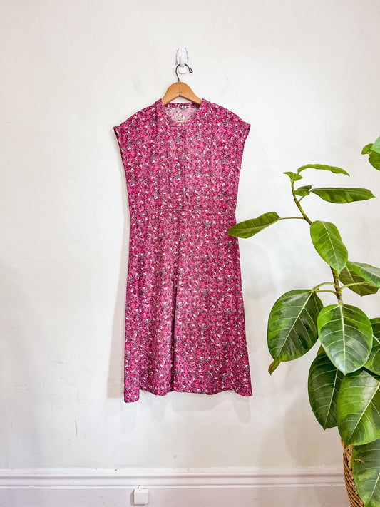 Vintage Pink Floral Midi Dress (Size M)