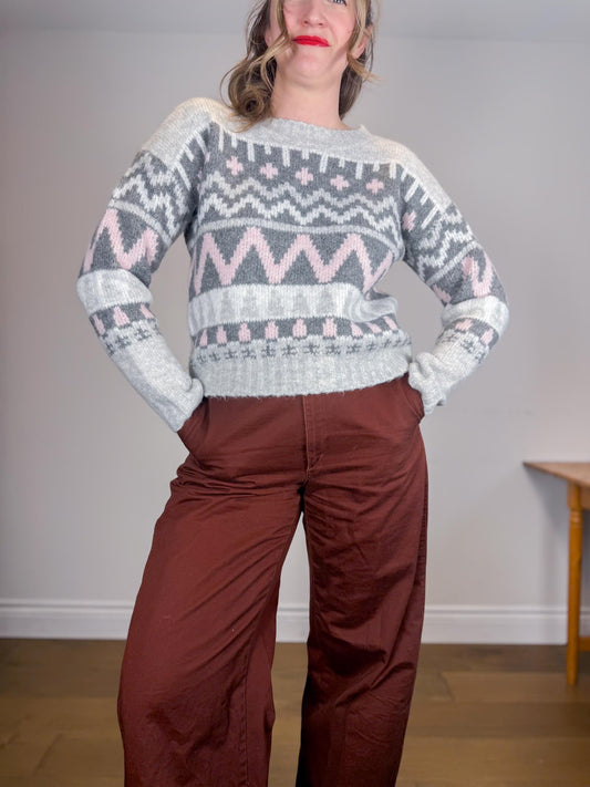 Lyla & Luxe "Landen Fair Isle Sweater in Grey/Pink" (Size S/M)