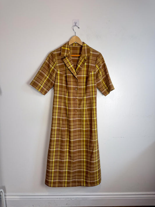 Vintage Plaid Midi Dress in Brown/Yellow (Size M)