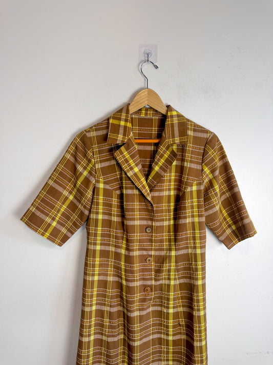 Vintage Plaid Midi Dress in Brown/Yellow (Size M)
