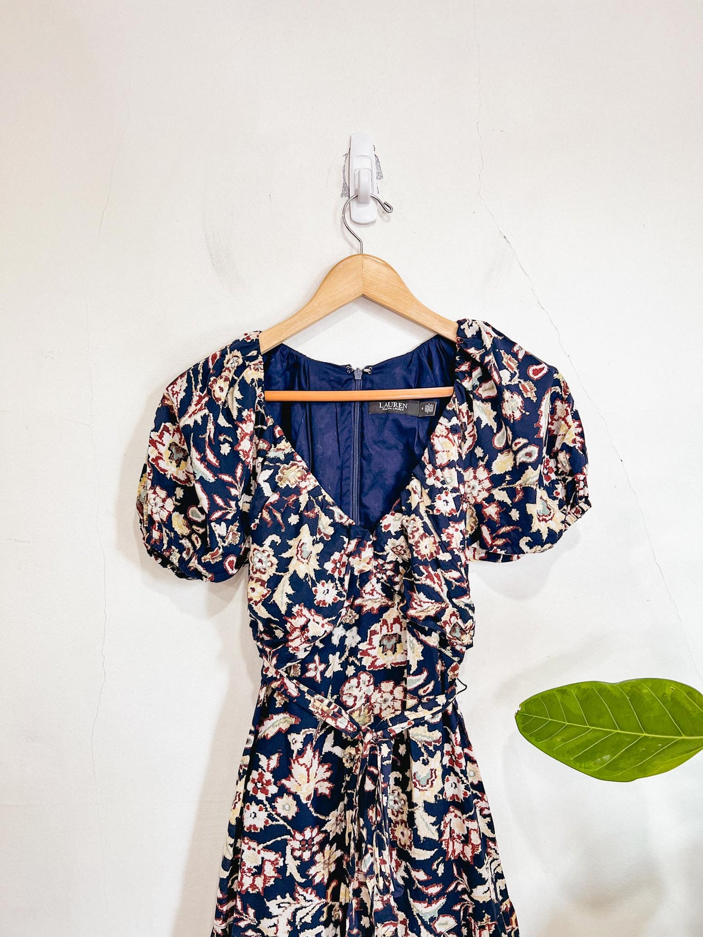 Ralph Lauren "Floral Cotton Voile Puff-Sleeve Dress" in Navy  (Size S)