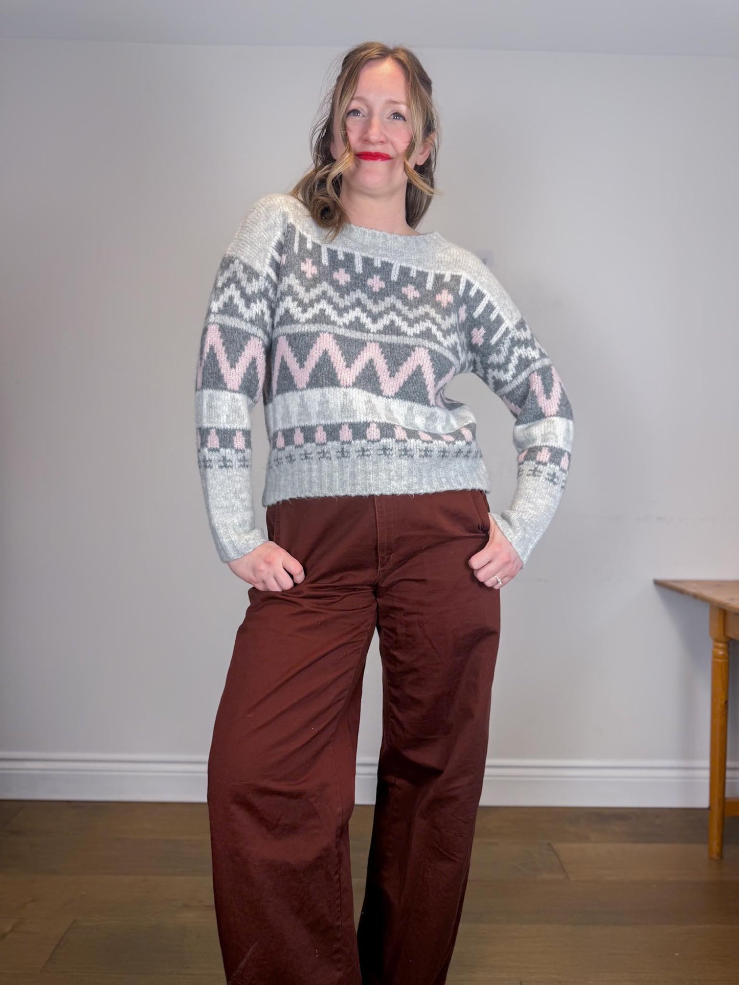Lyla & Luxe "Landen Fair Isle Sweater in Grey/Pink" (Size S/M)
