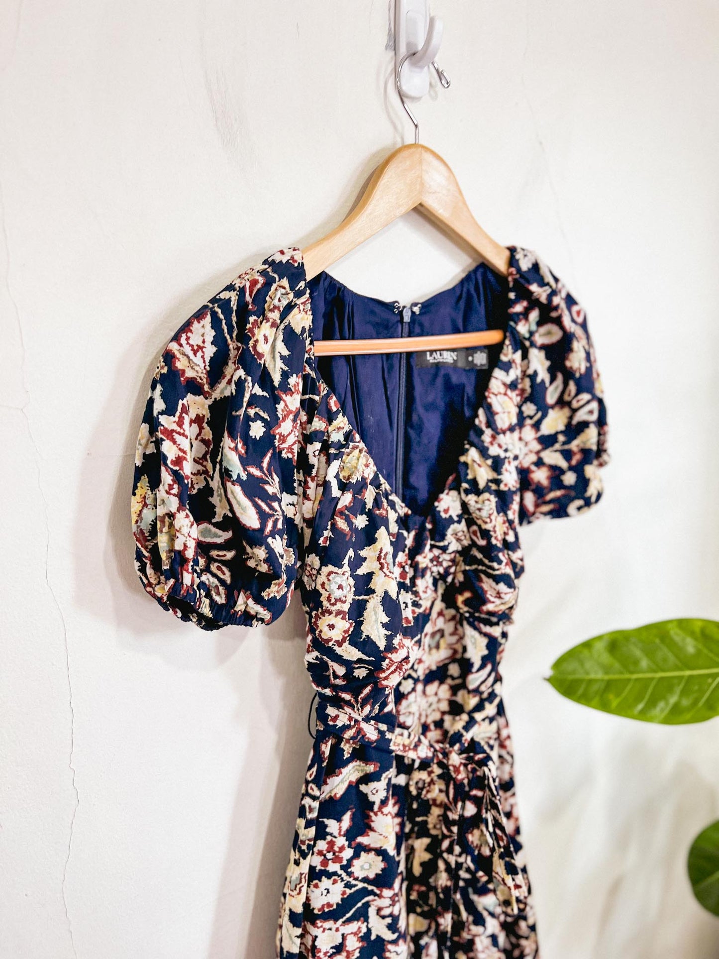 Ralph Lauren "Floral Cotton Voile Puff-Sleeve Dress" in Navy  (Size S)