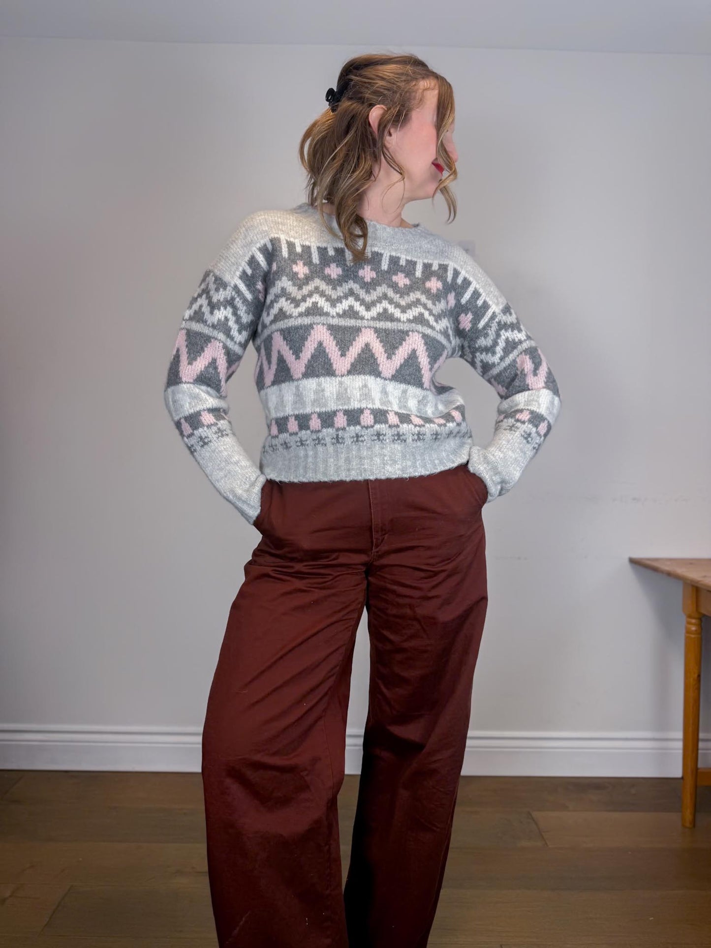 Lyla & Luxe "Landen Fair Isle Sweater in Grey/Pink" (Size S/M)