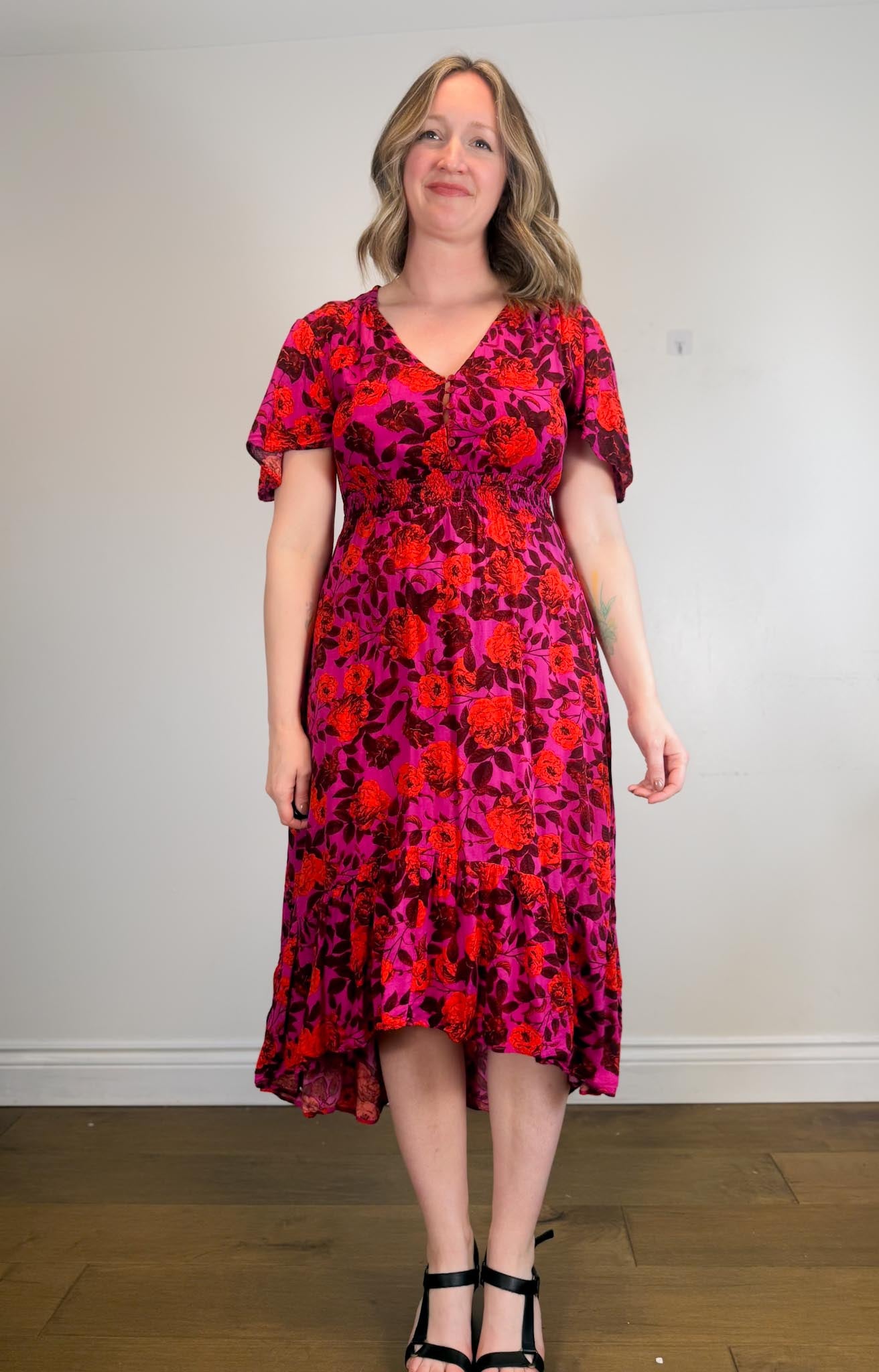 pink and red floral midi dress Abel the Label Floral Midi Dress in Pink/Red Floral SOLD AS IS (Size L –  Middle Child Vintage Shop