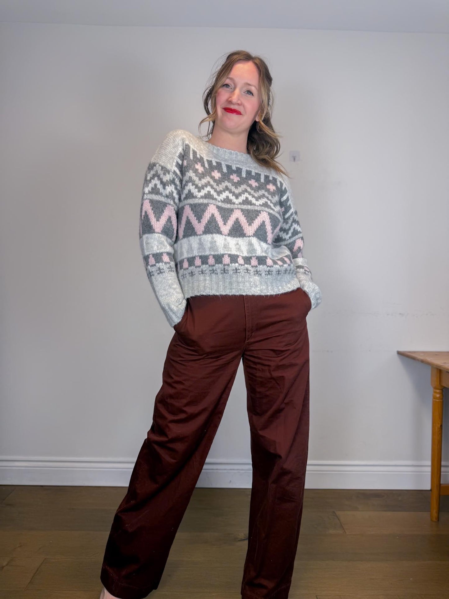 Lyla & Luxe "Landen Fair Isle Sweater in Grey/Pink" (Size S/M)