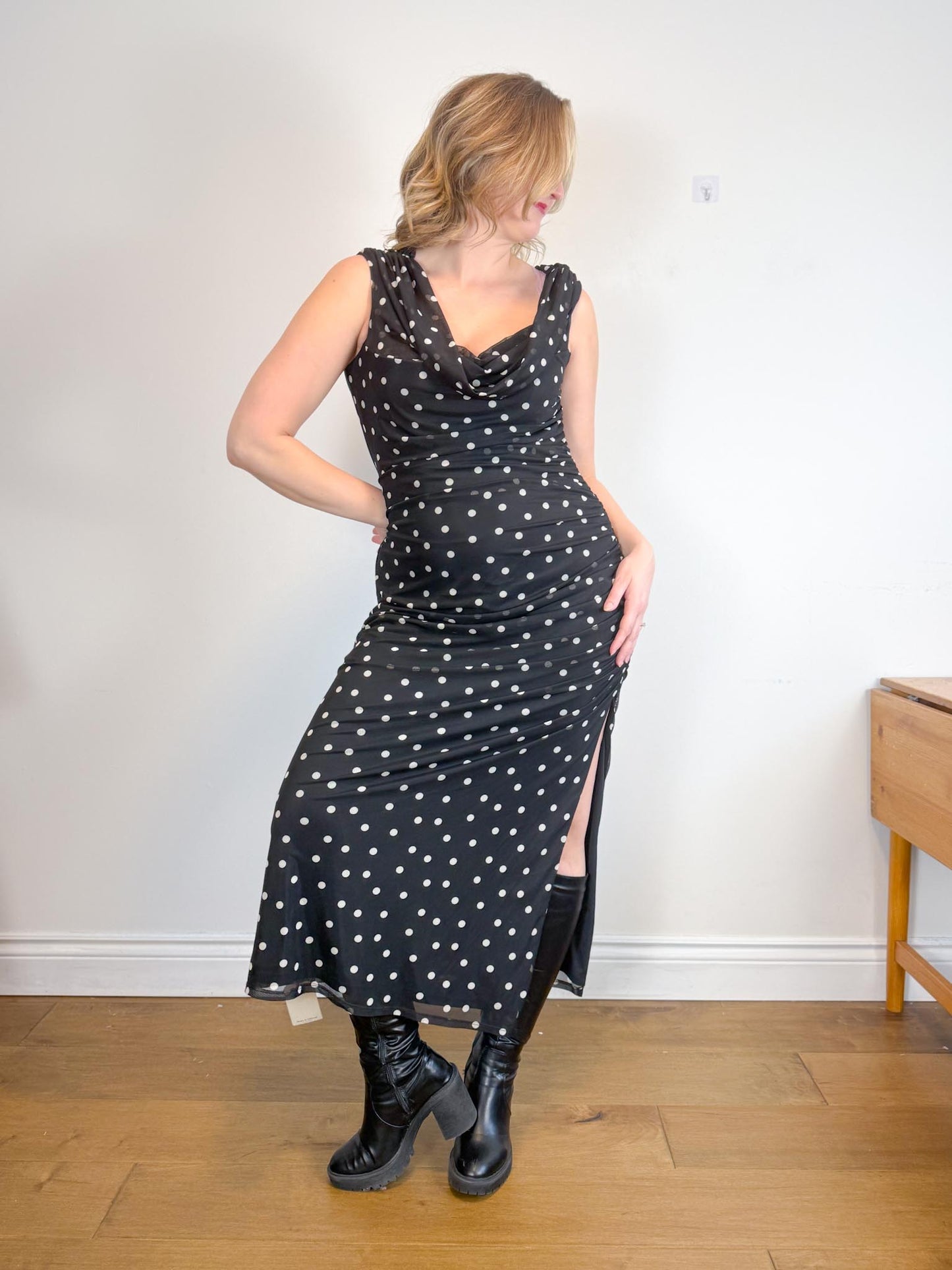 Abercrombie & Fitch "Mesh Draped Polka Dot Maxi Dress in Black/White" NWT (Size XL)