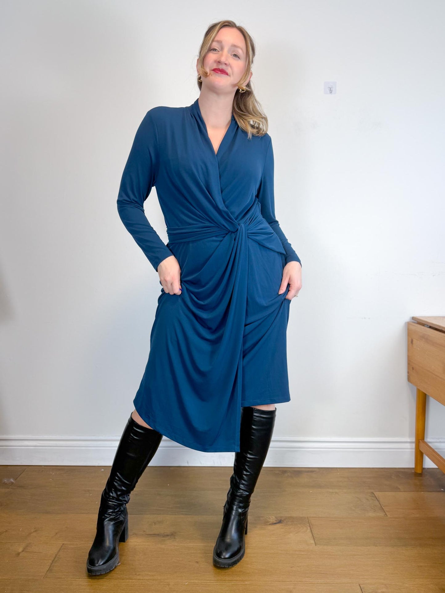 THE FOLD London Designer Long Sleeve Wrap Dress in Teal (Size XL)