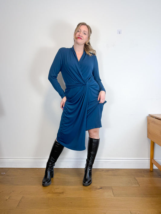 THE FOLD London Designer Long Sleeve Wrap Dress in Teal (Size XL)