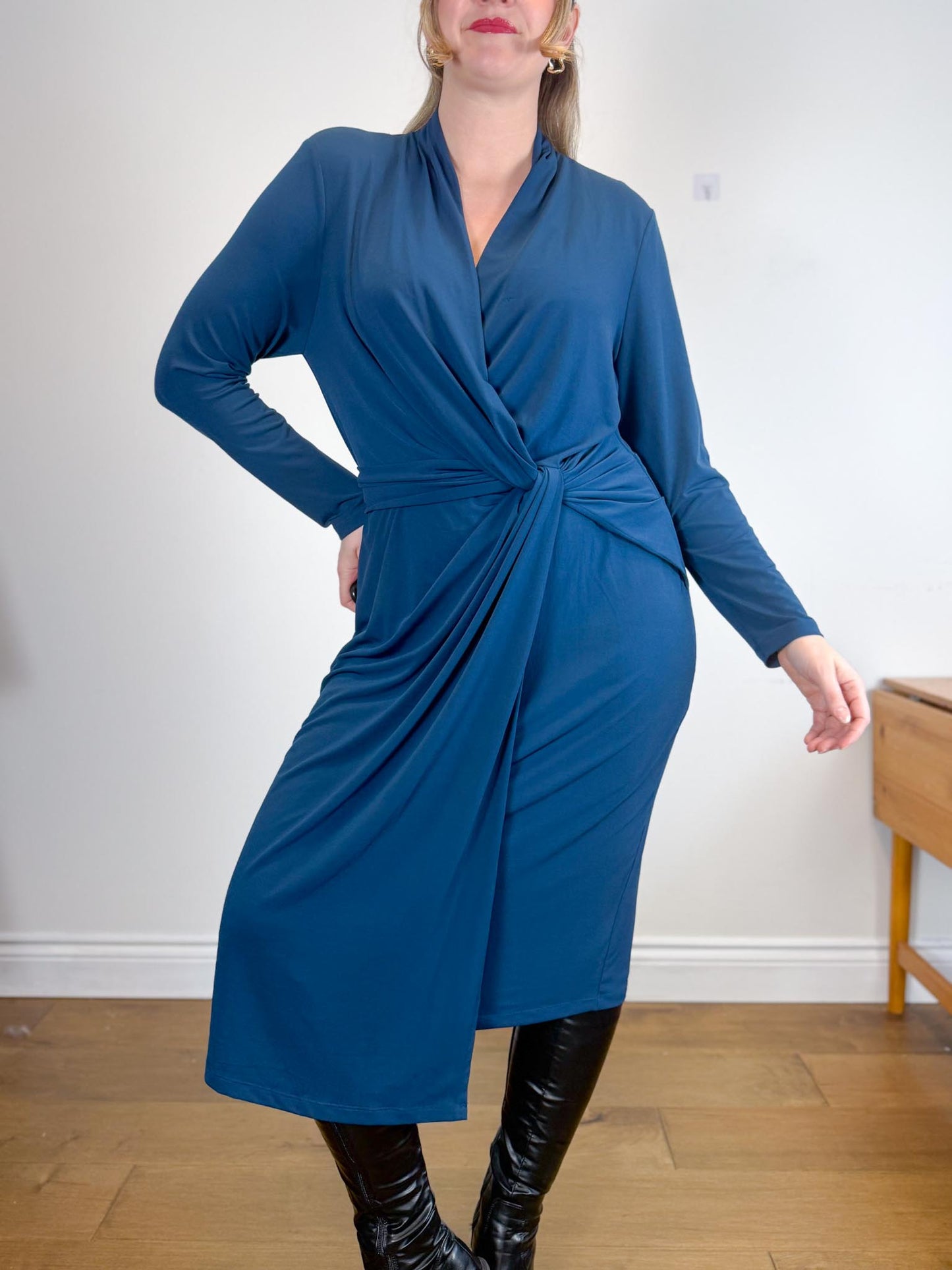 THE FOLD London Designer Long Sleeve Wrap Dress in Teal (Size XL)