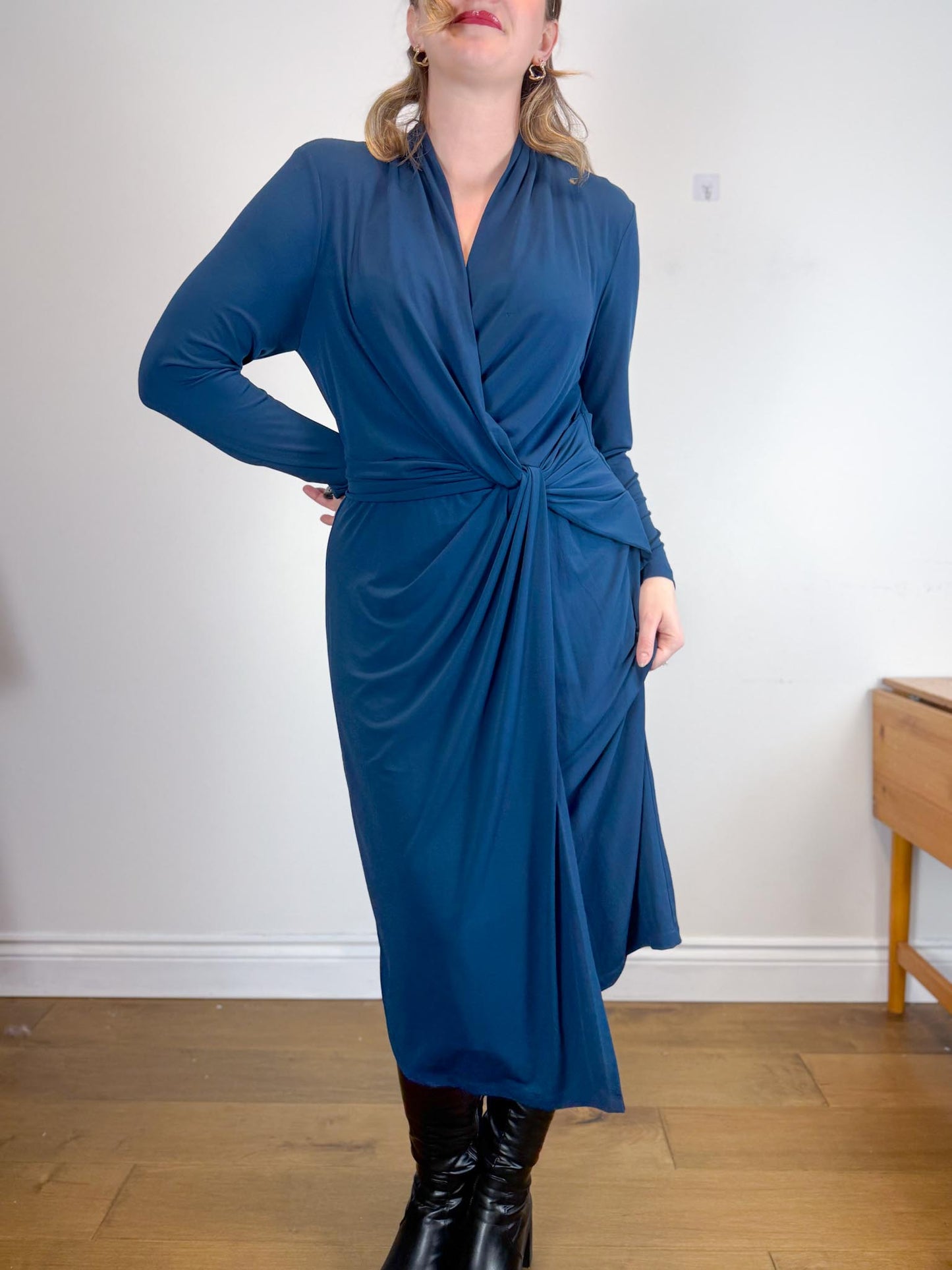 THE FOLD London Designer Long Sleeve Wrap Dress in Teal (Size XL)