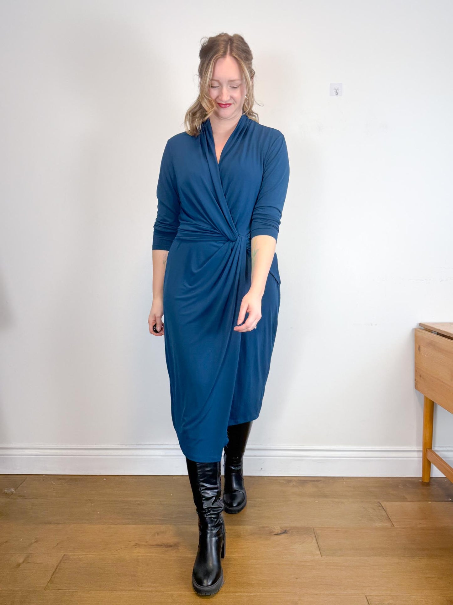 THE FOLD London Designer Long Sleeve Wrap Dress in Teal (Size XL)