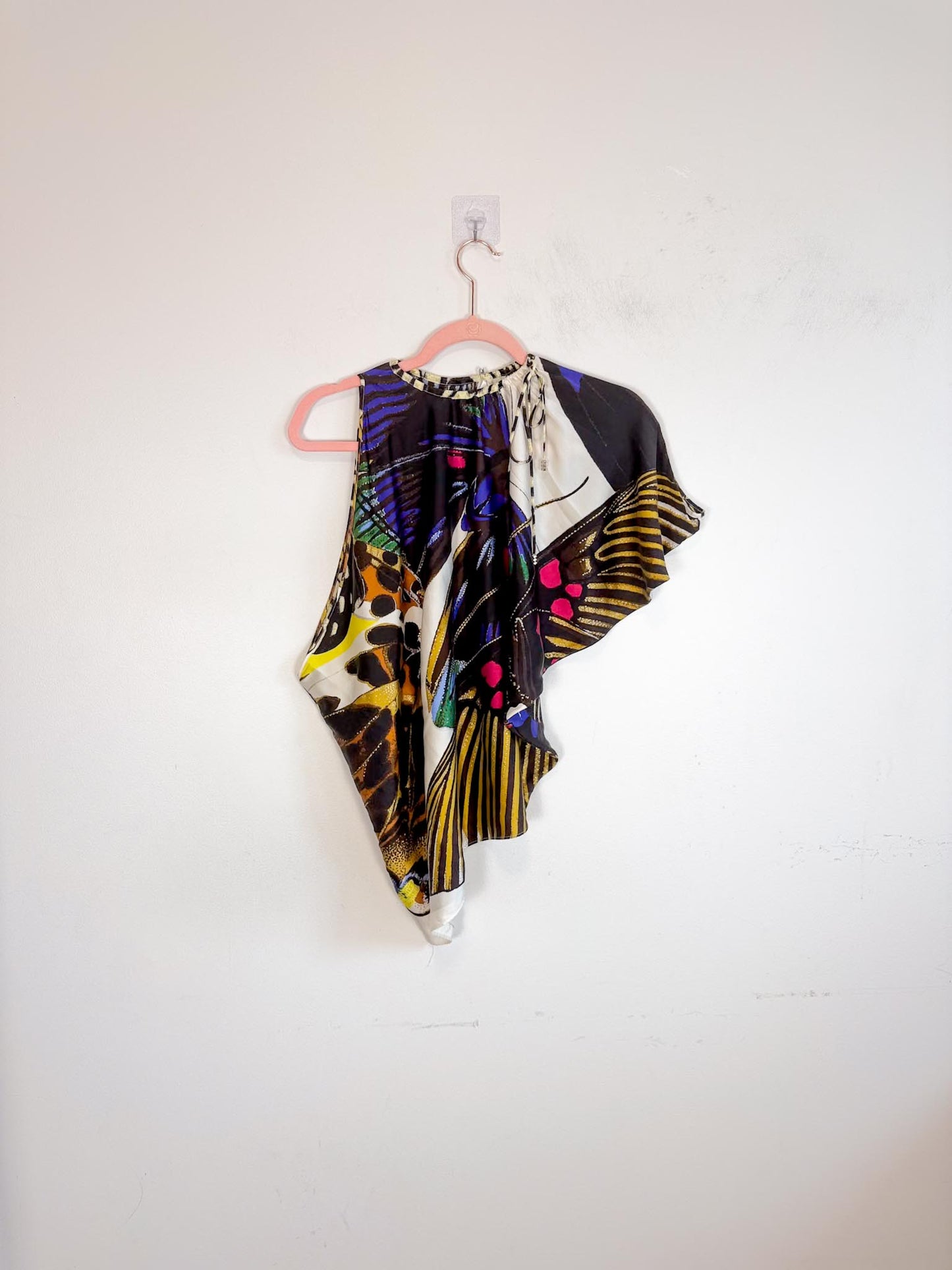 Roberto Cavalli "Multicolor Abstract Butterfly Silk One Shoulder Blouse" (Size M/L)