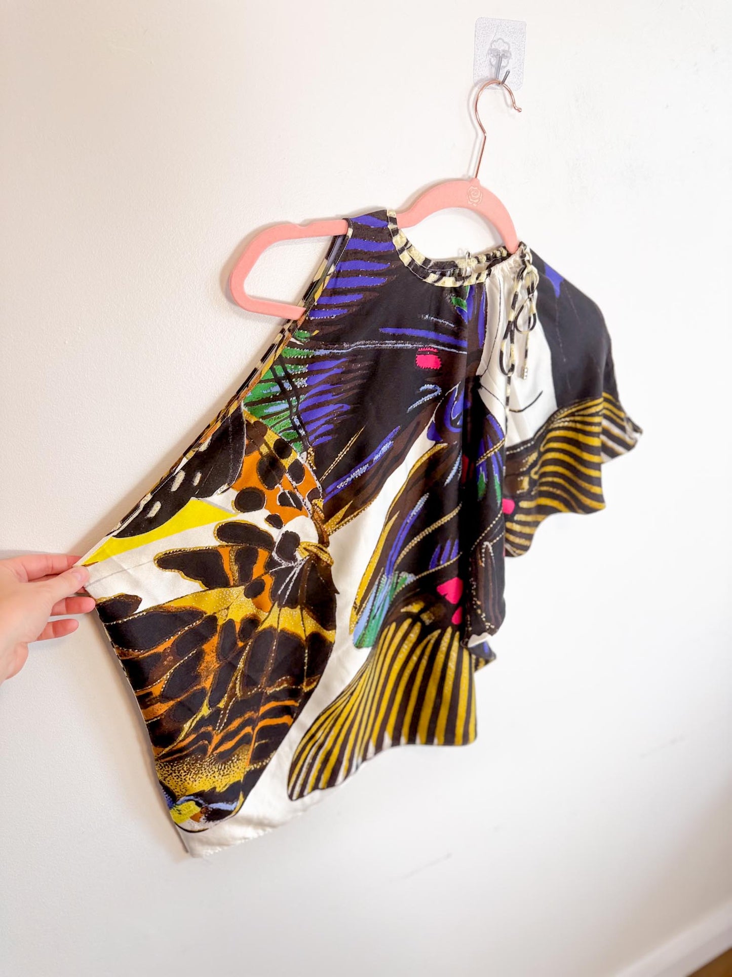 Roberto Cavalli "Multicolor Abstract Butterfly Silk One Shoulder Blouse" (Size M/L)