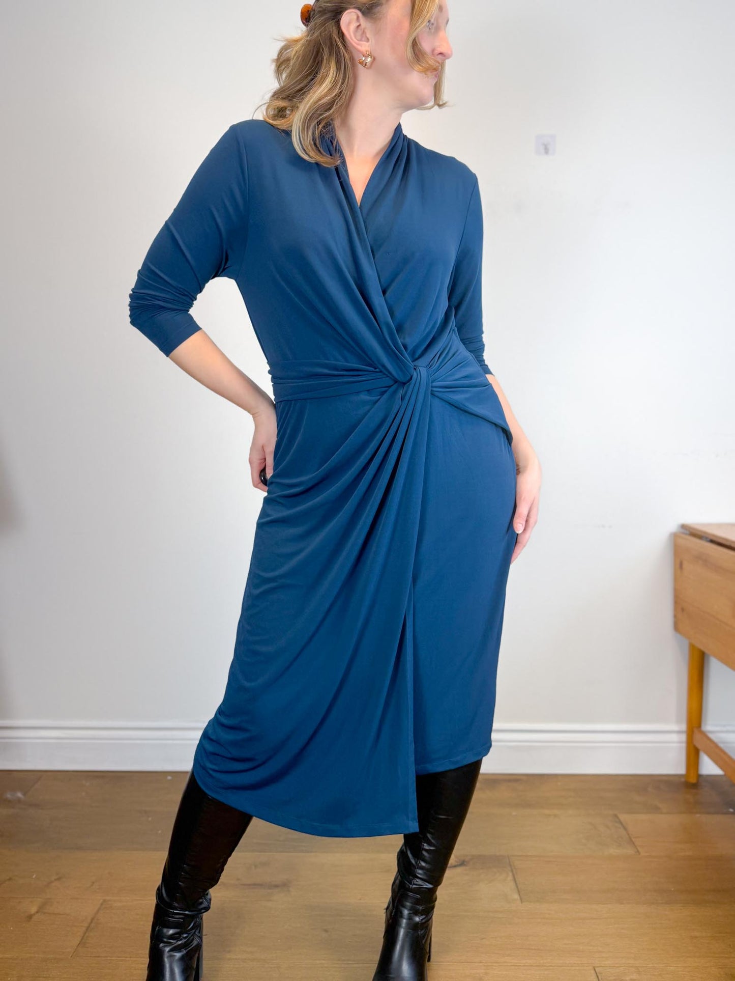 THE FOLD London Designer Long Sleeve Wrap Dress in Teal (Size XL)