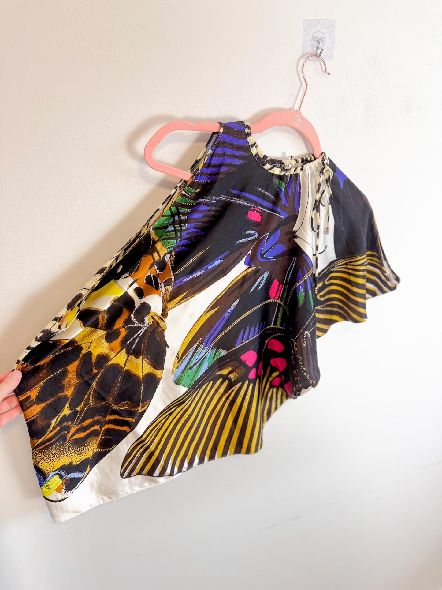 Roberto Cavalli "Multicolor Abstract Butterfly Silk One Shoulder Blouse" (Size M/L)