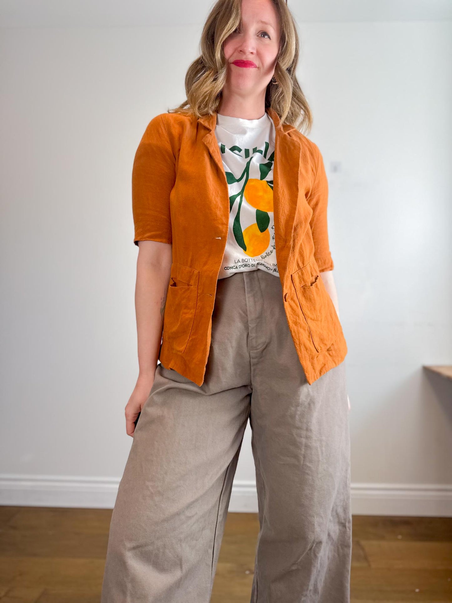 Eve Gravel Sustainable Short Sleeve Linen Blazer in Copper Rust (Size S)