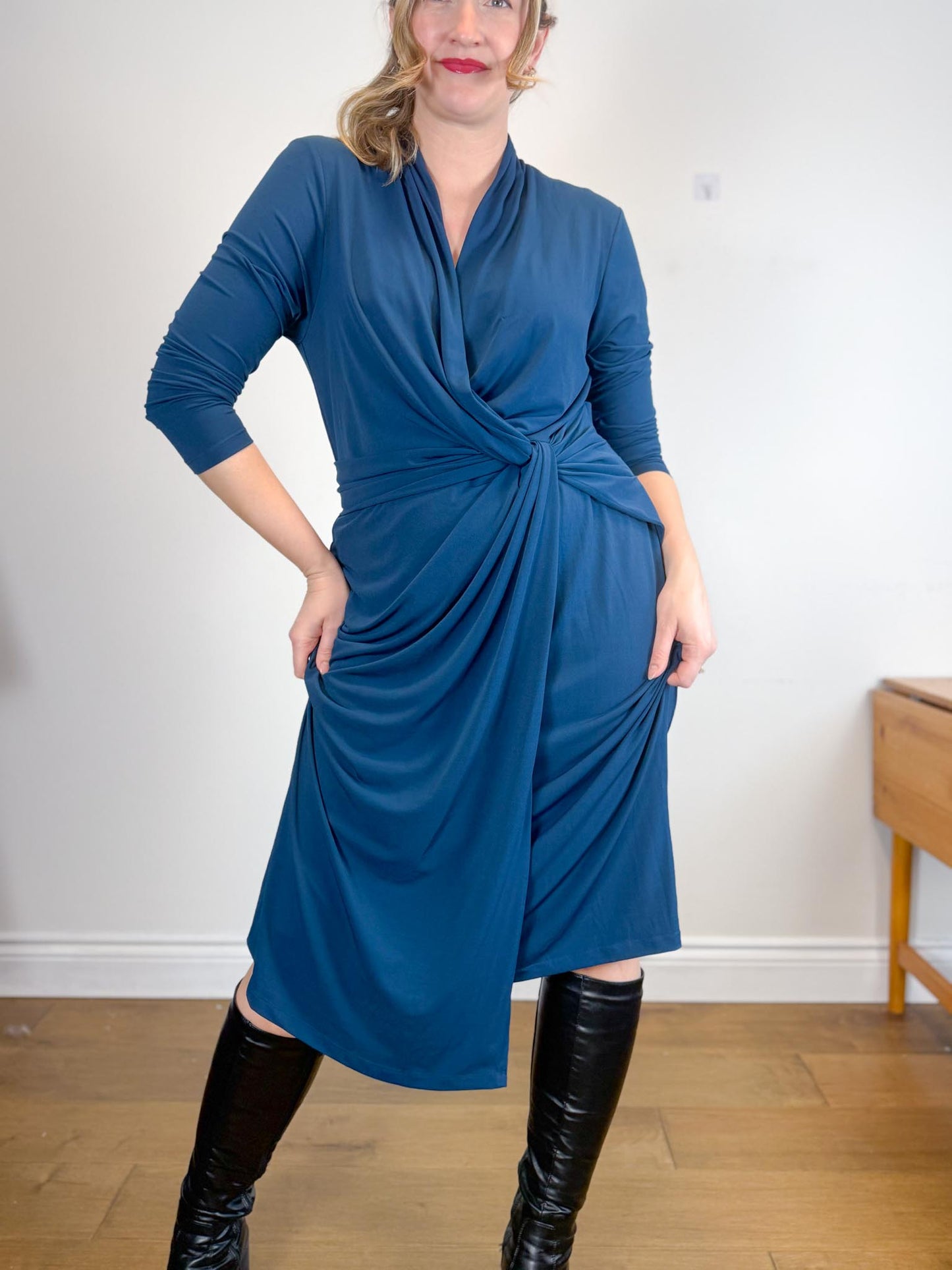 THE FOLD London Designer Long Sleeve Wrap Dress in Teal (Size XL)