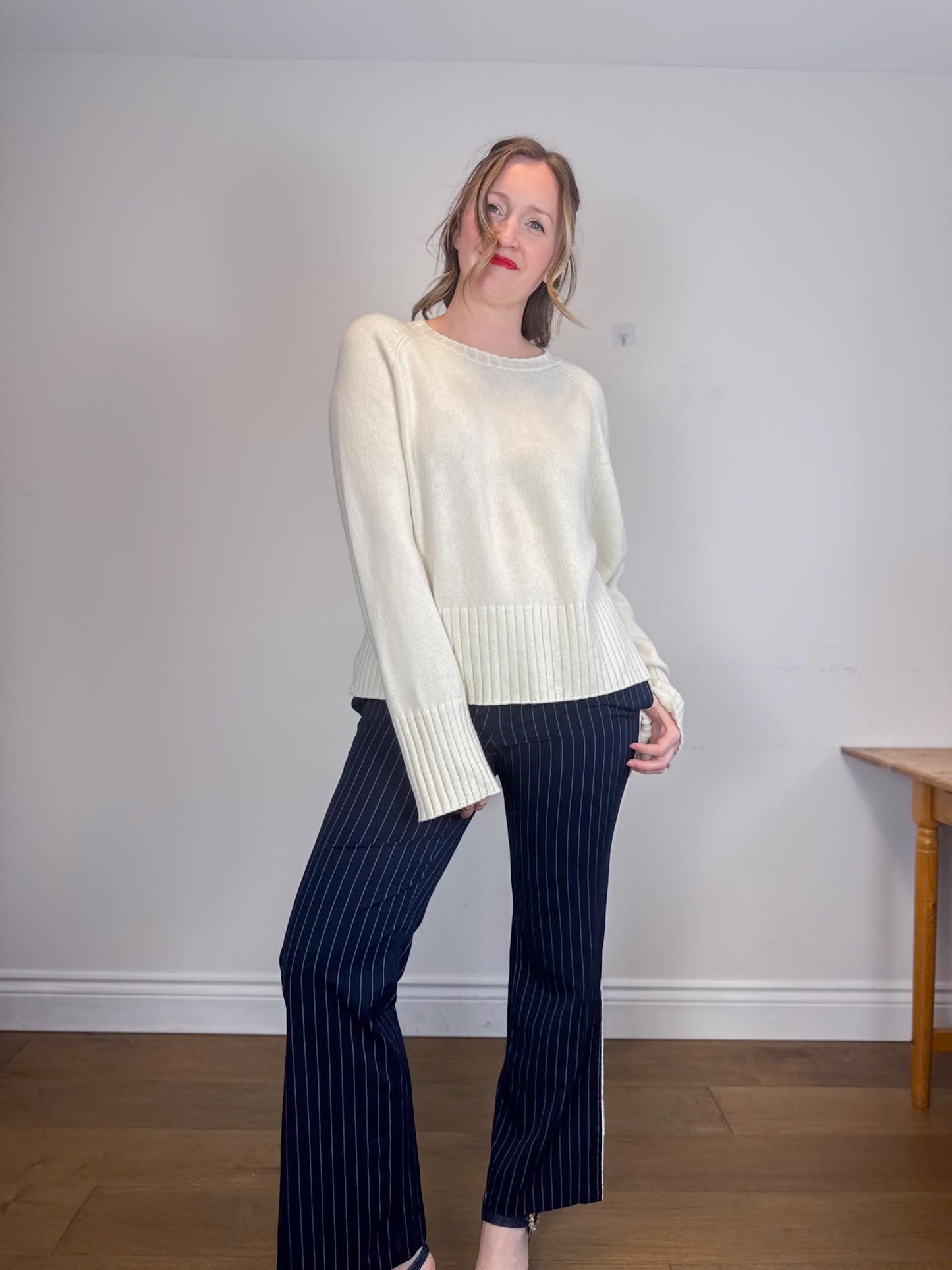 St. Roche Mid Rise Pinstriped Pants in Navy/White (Size L)