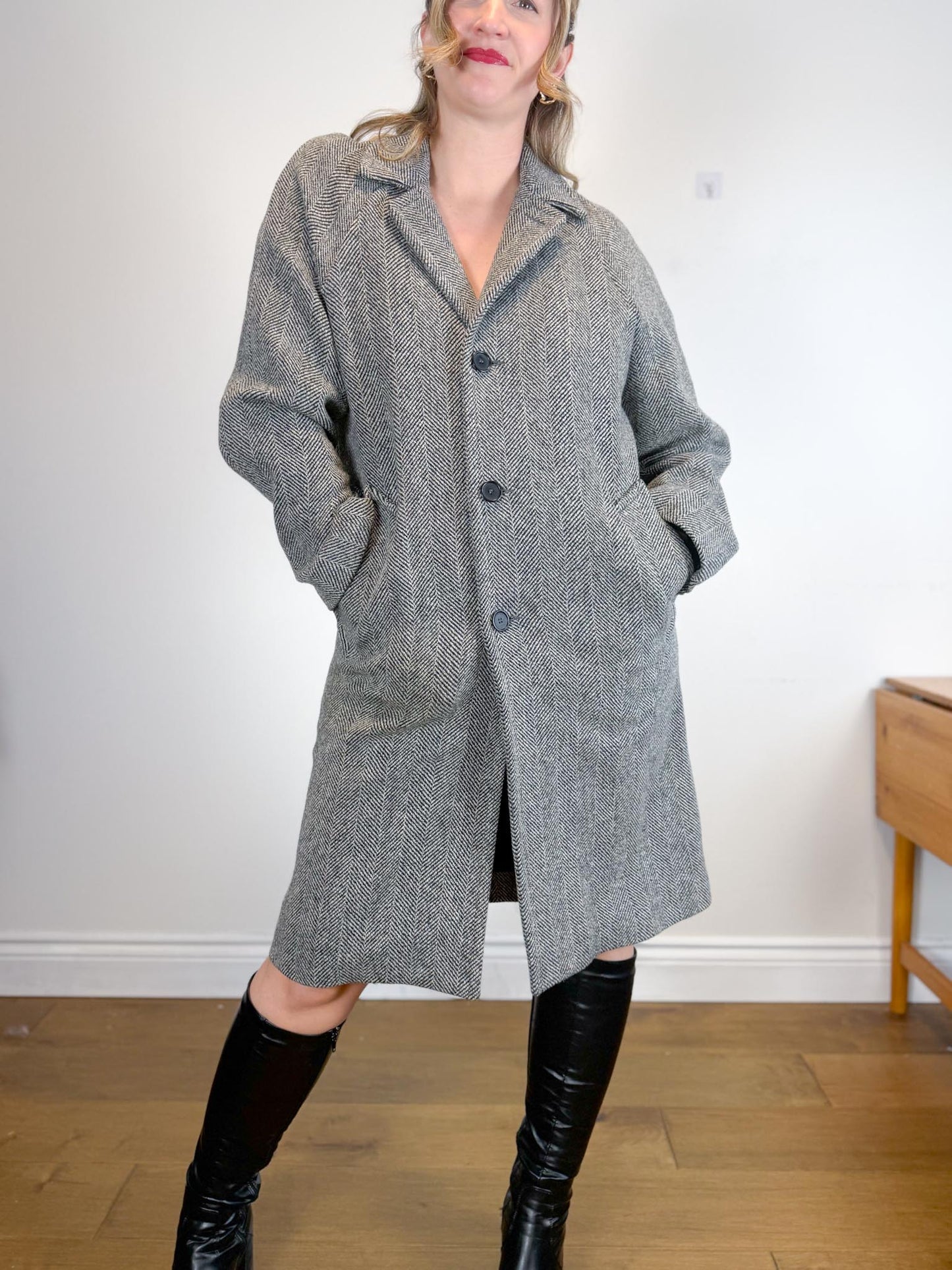 SANDRO Paris Houndstooth Wool Peacoat (Size M)