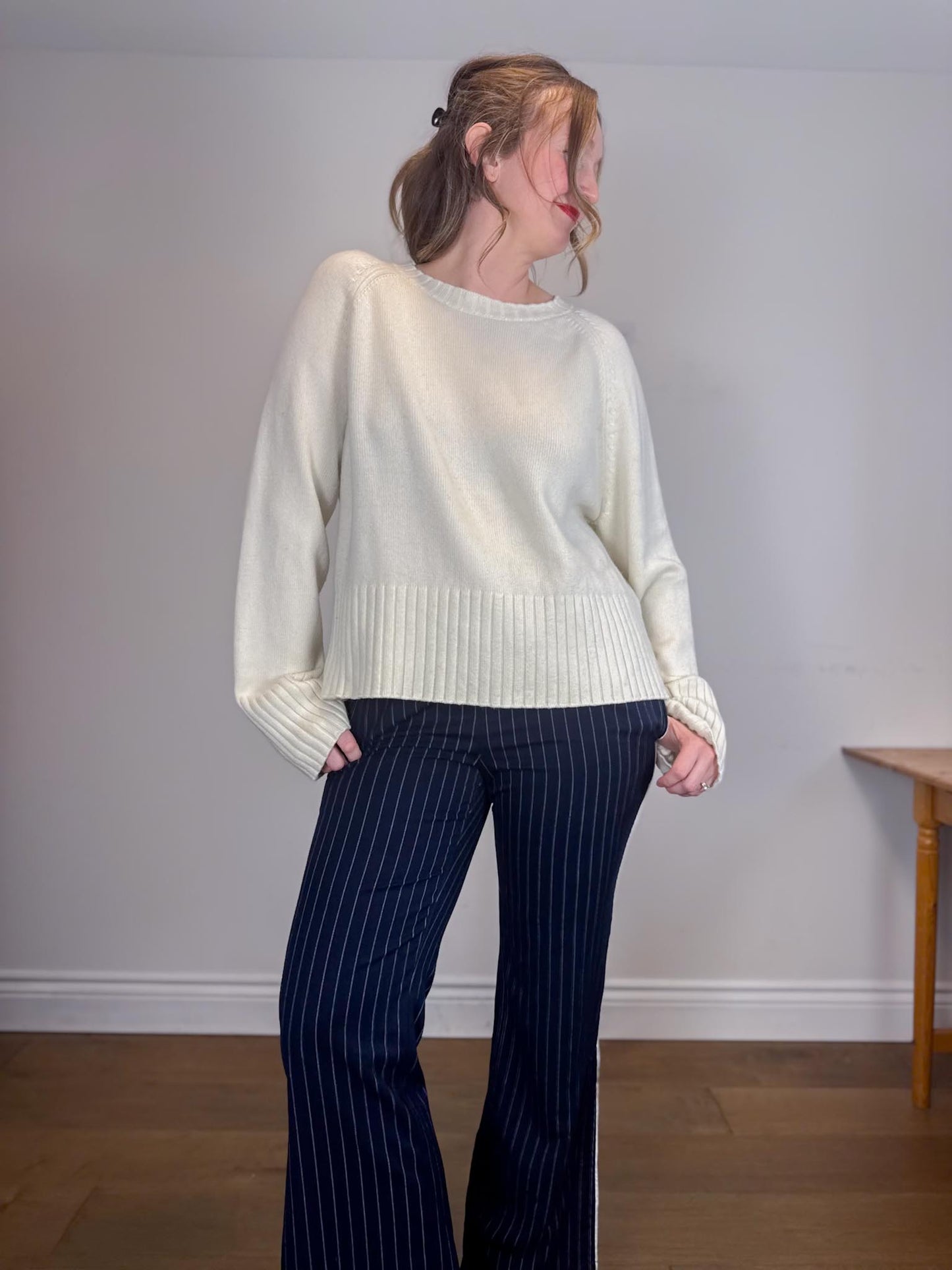 St. Roche Mid Rise Pinstriped Pants in Navy/White (Size L)