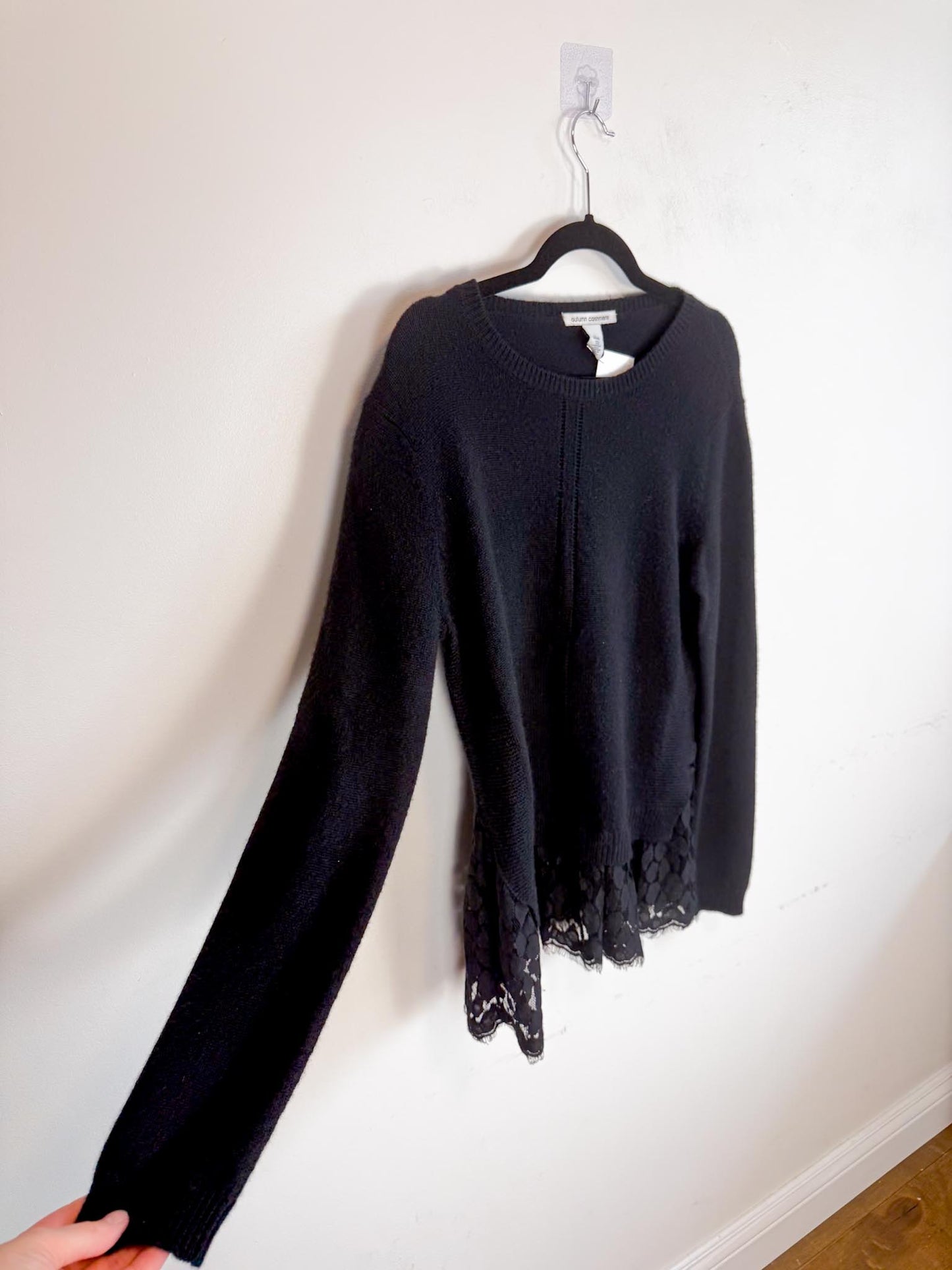 Autumn Cashmere Sweater in Black with Lace Trim (Size L)